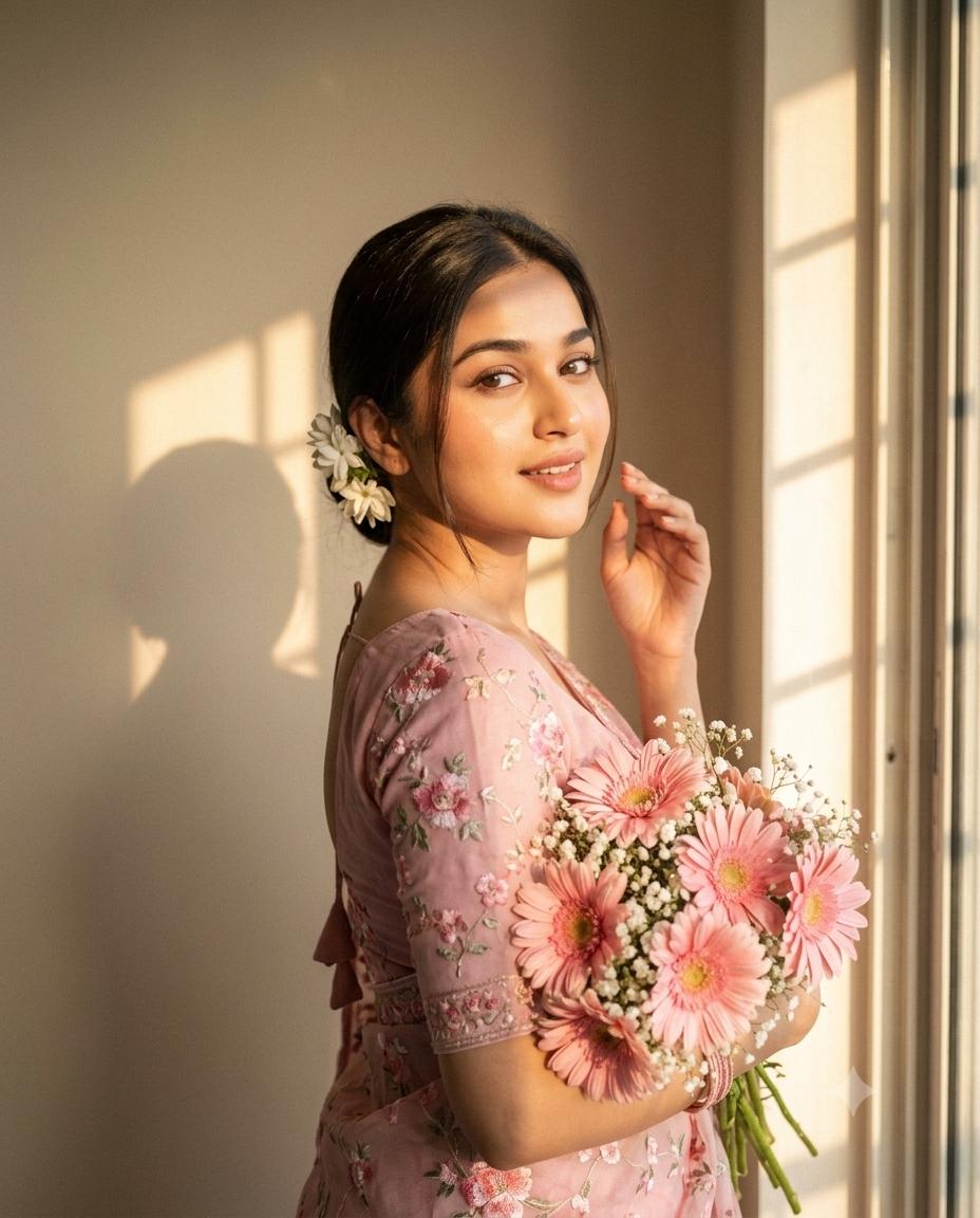 Floral Saree Portrait Vintage Style AI Image Prompt | Golden-Hour Gerbera Photography