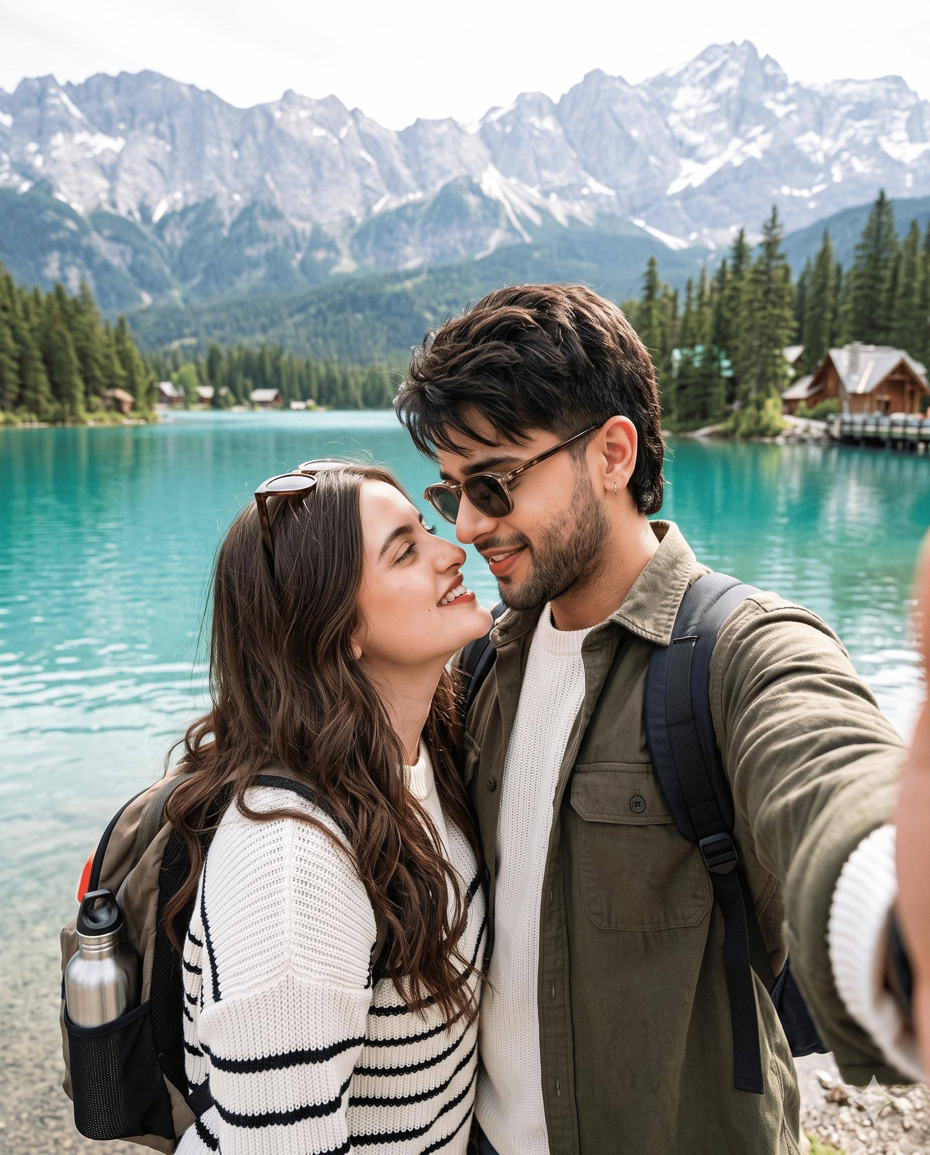 Couple Travel Portrait AI Image Prompt Gemini | Romantic Mountain Lake Selfie & Snowy Alps