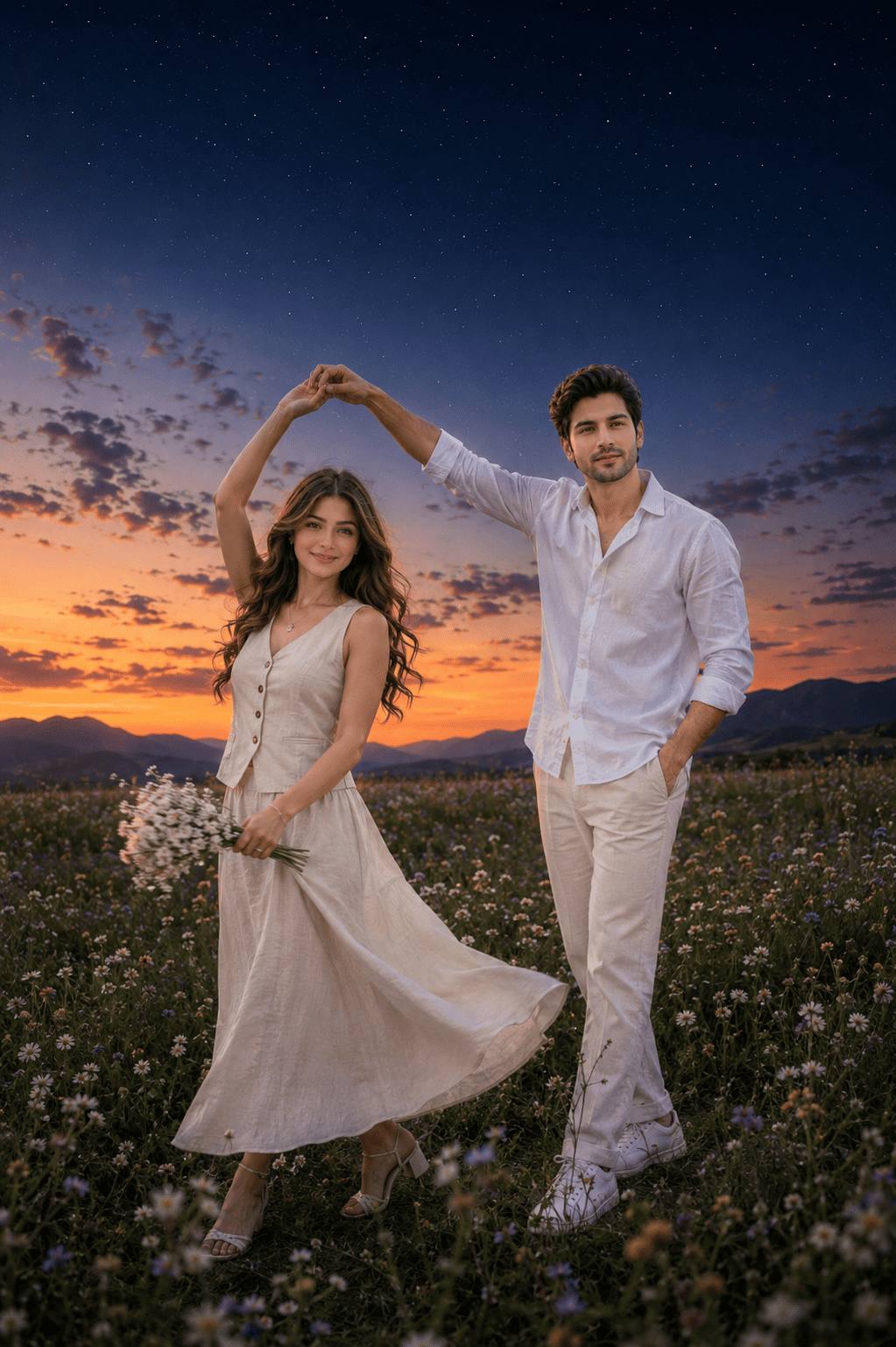 Romantic Blue Hour Couple Dance in Wildflower Field | Cinematic AI Image Prompt