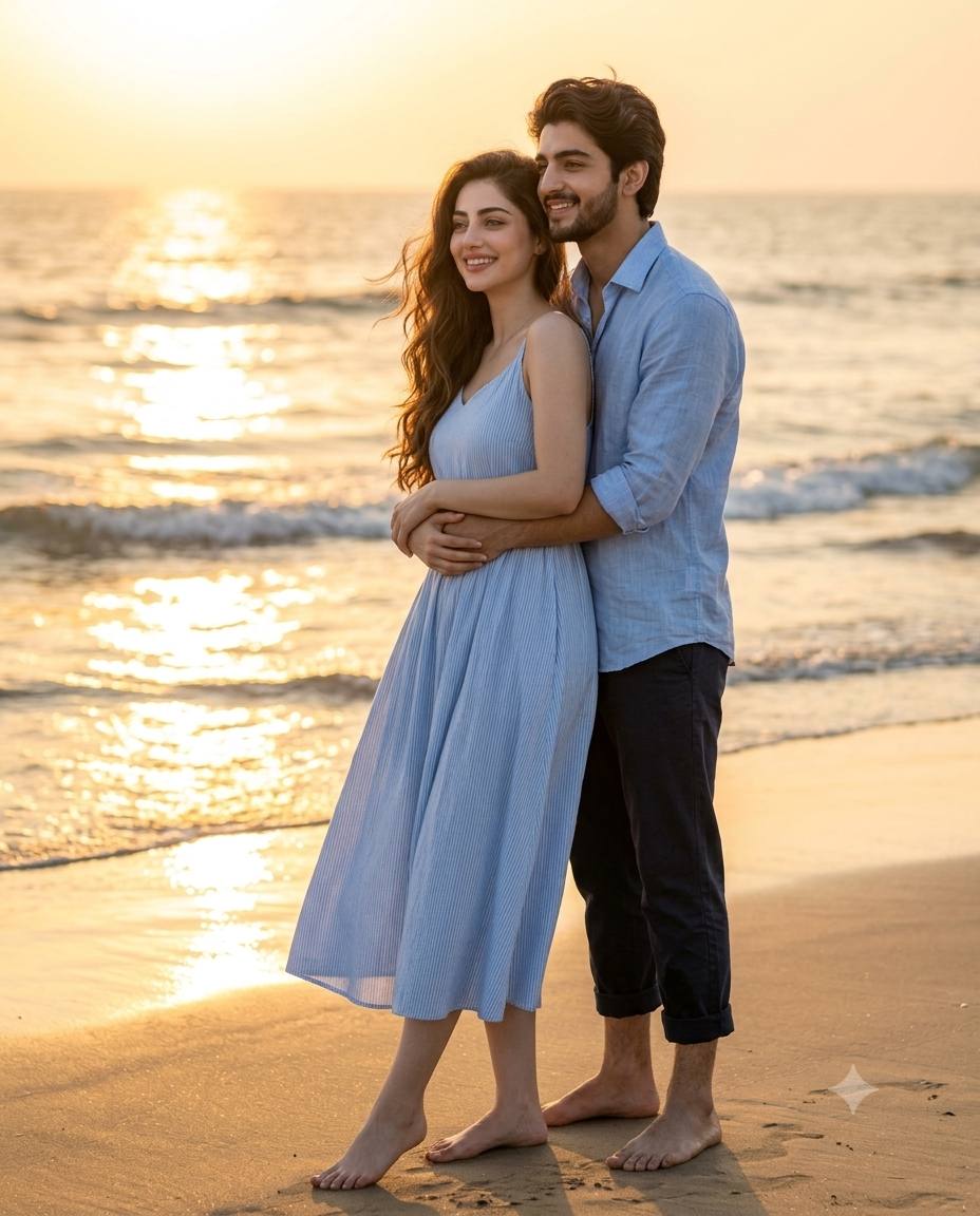 Romantic Couple Beach Sunset Hug Portrait | Ultra-Realistic Cinematic AI Image Prompt