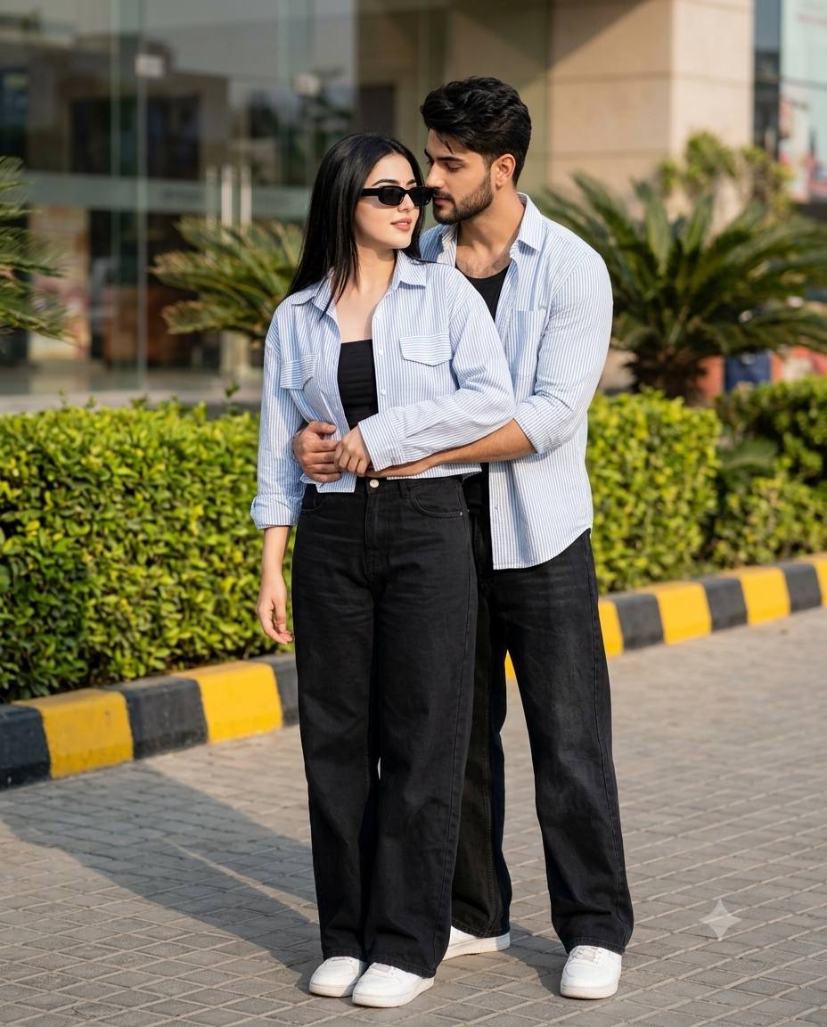 Romantic couple hug AI prompt | Matching streetwear outdoor portrait