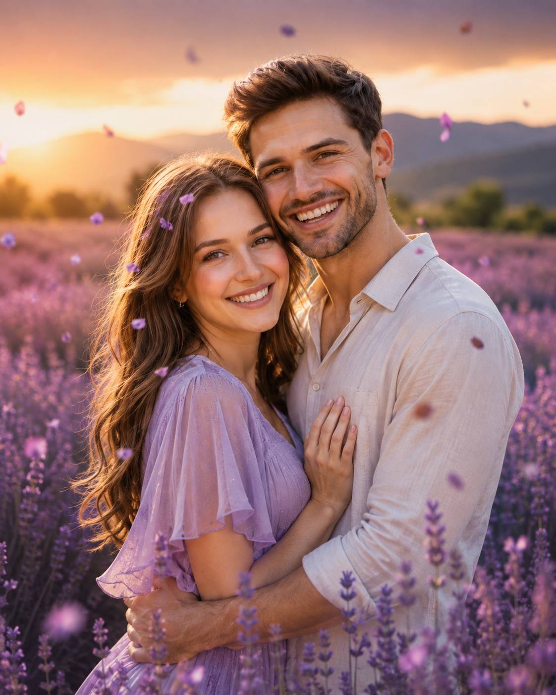 Romantic Couple in Lavender Field at Sunset – Dreamy Ultra-Realistic Cinematic AI Portrait