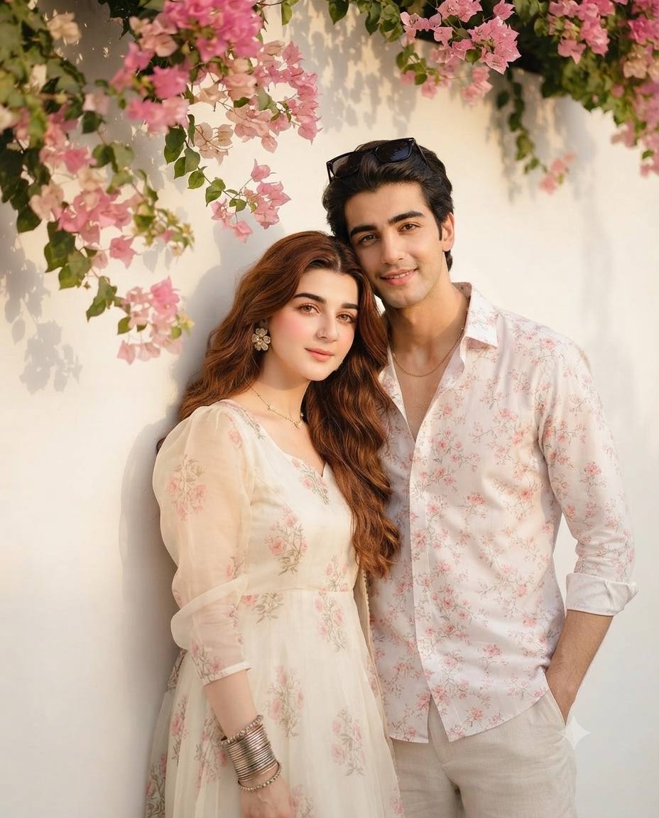 Romantic couple portrait AI prompt | White wall and pink bougainvillea
