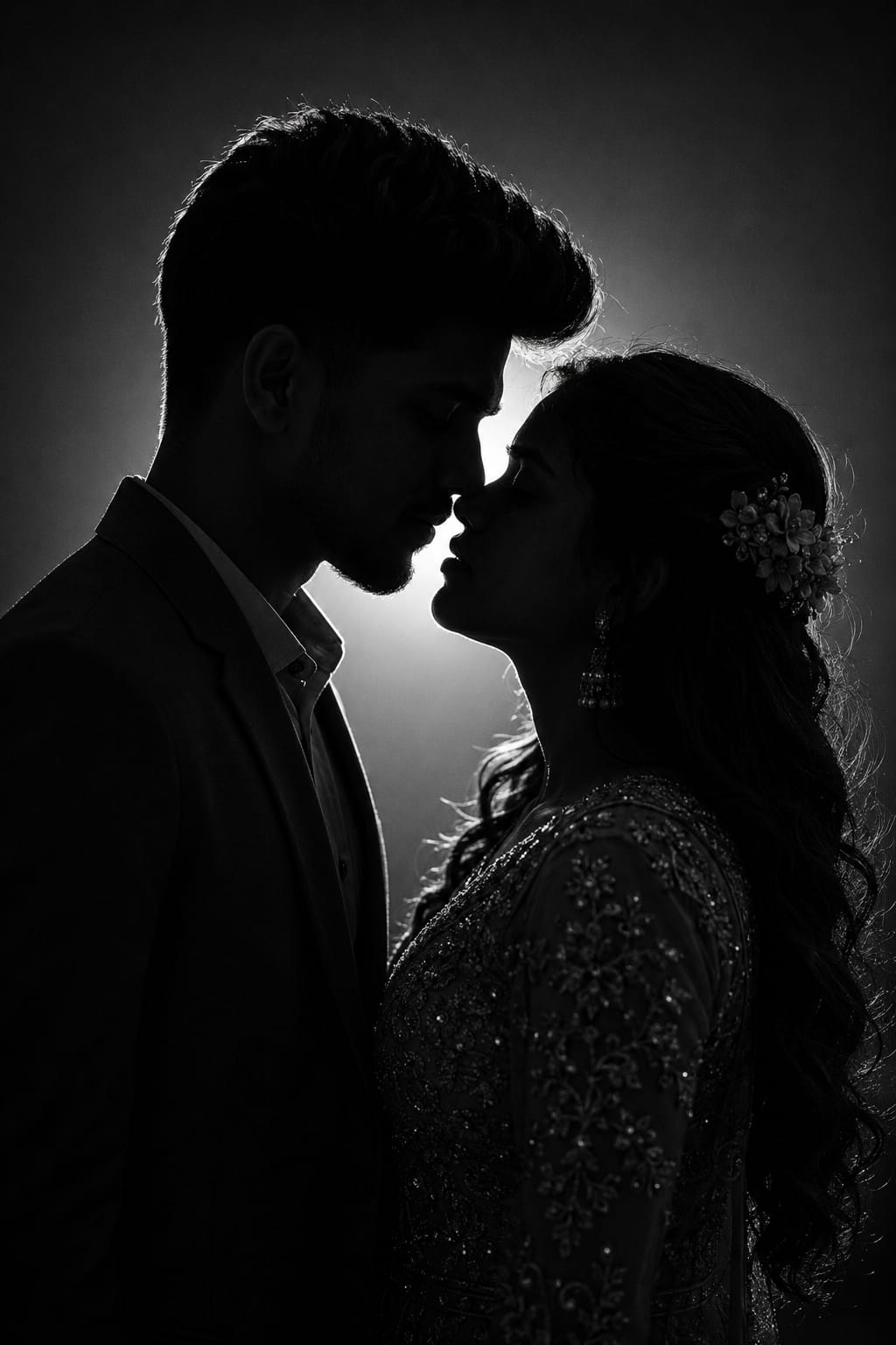Romantic Couple Silhouette AI Prompt | Cinematic Black & White Portrait