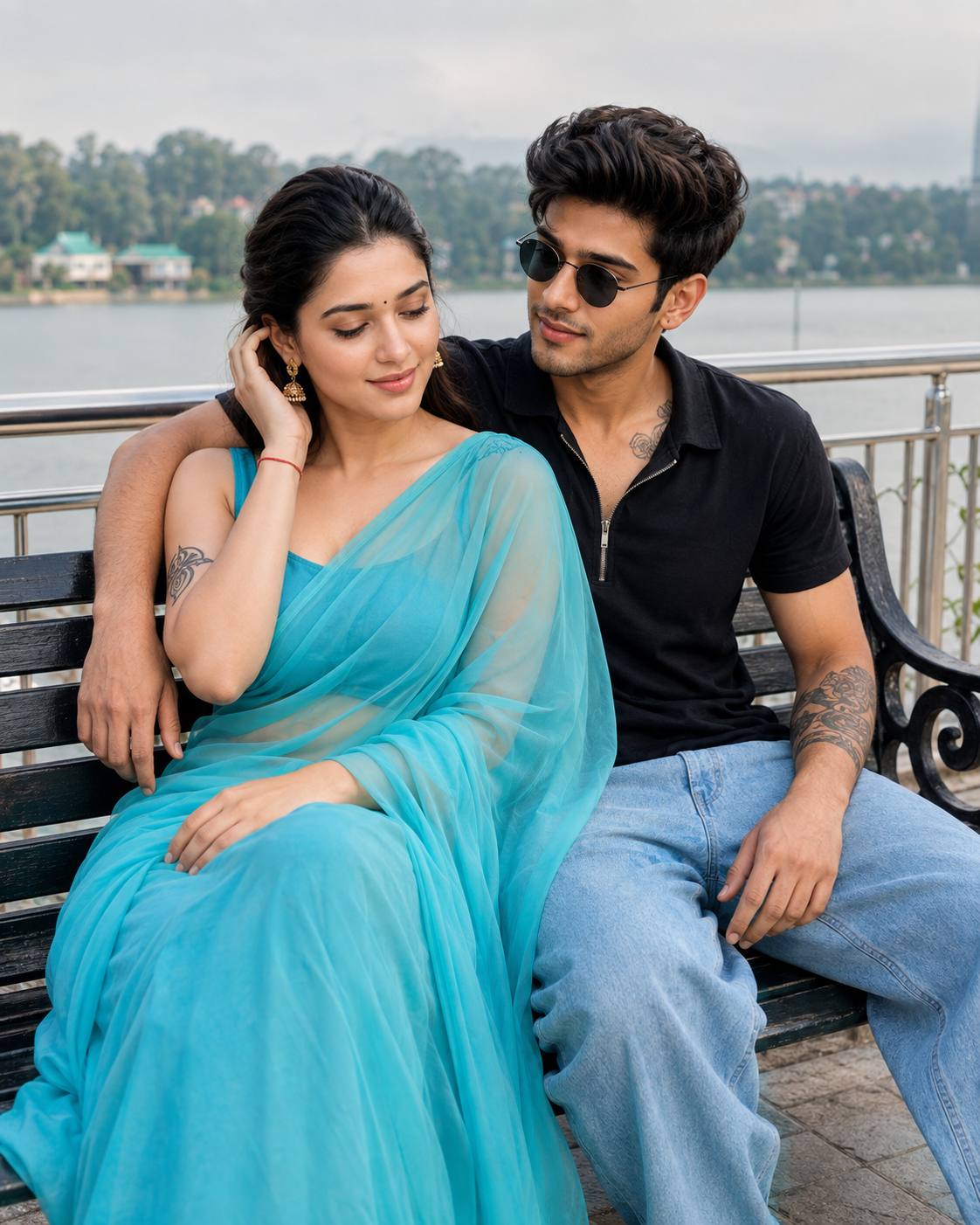 Romantic Couple Sitting by a Lakeside | Ultra-Realistic 8K Cinematic Portrait AI Prompt