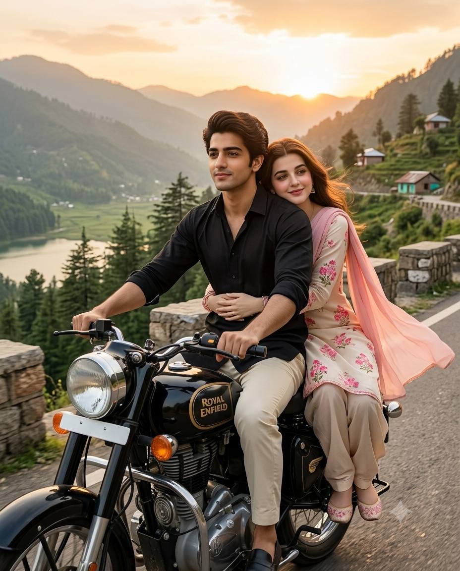 Romantic Golden Hour Mountain Ride - Couple on Royal Enfield Motorcycle during Sunset in Kashmir | AI image prompt