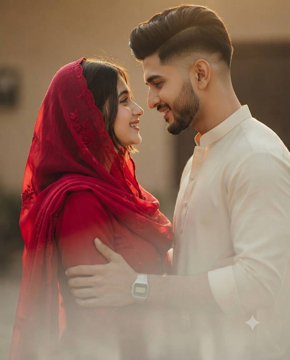 Romantic Golden Hour South Asian Couple Portrait AI Image Prompt