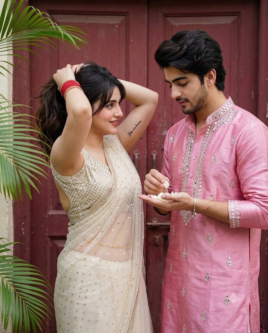 Romantic Indian Couple at Rustic Maroon Door - Photorealistic AI Portrait with Intricate Silk Kurta and Cream Saree | AI image prompt