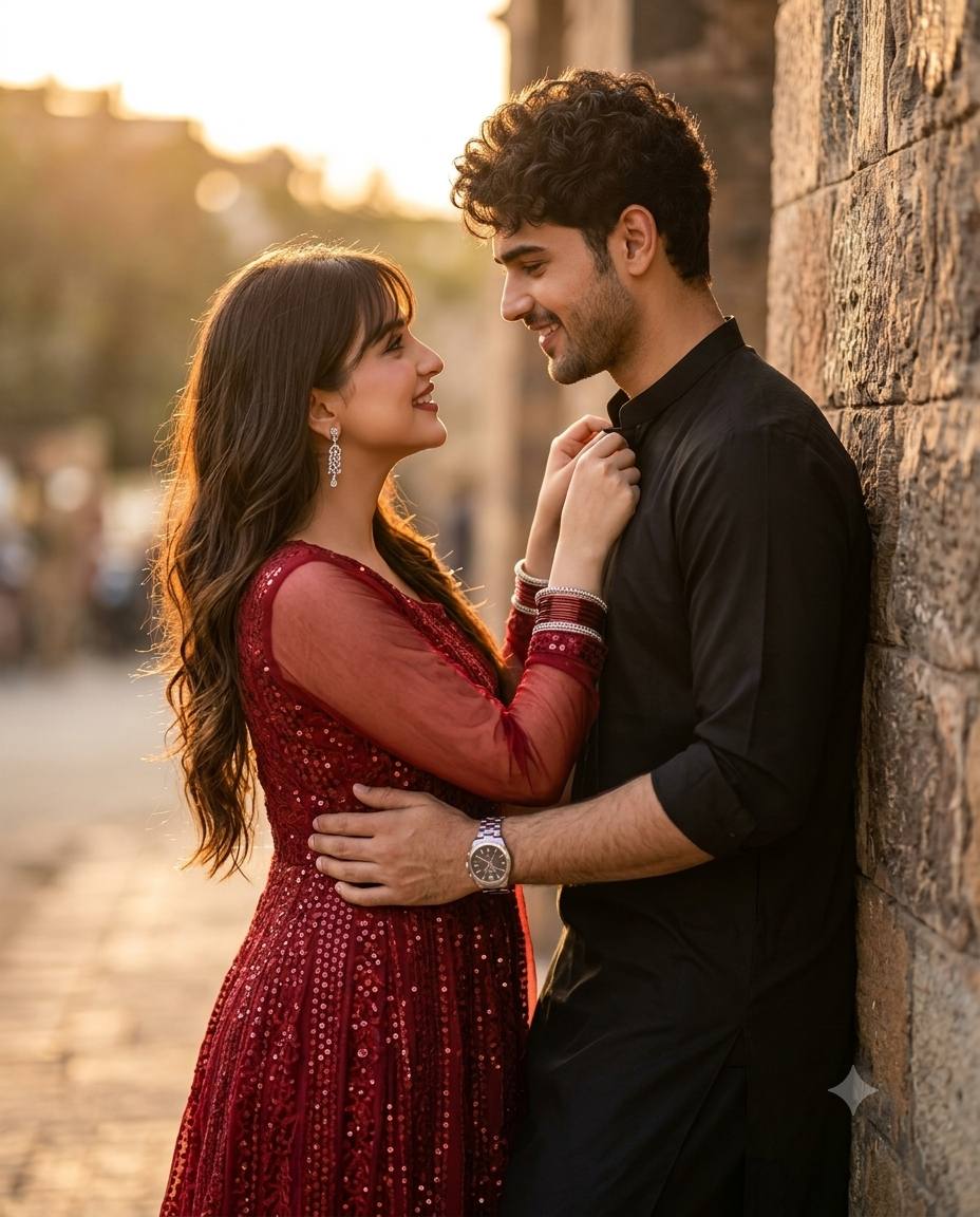 Indian couple sunset portrait AI prompt | Red anarkali, black kurta and cinematic 8K