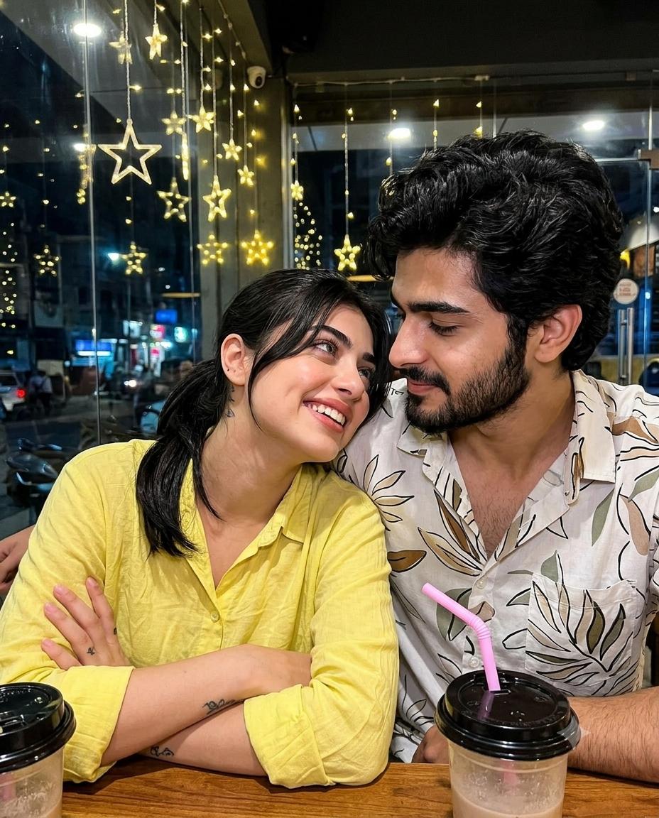 Indian couple café AI prompt | Yellow shirt, night lights & flash aesthetic