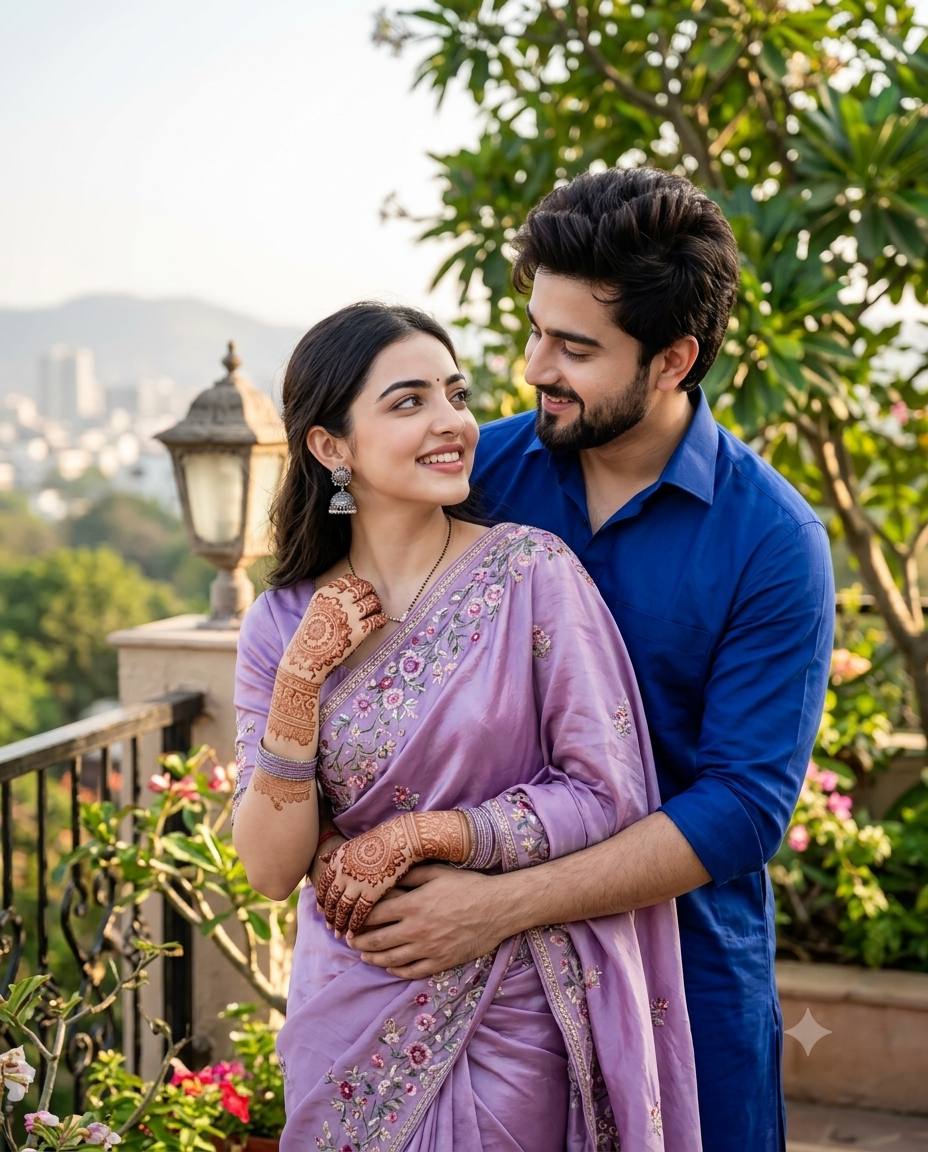 Indian couple portrait AI prompt | Lavender saree, royal blue shirt and 8K outdoor style