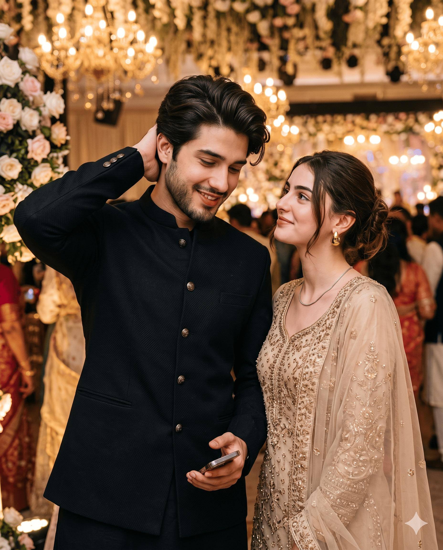 Indian Couple Wedding Portrait AI Image Prompt Gemini | Luxury Traditional Outfits & Golden Wedding Lights
