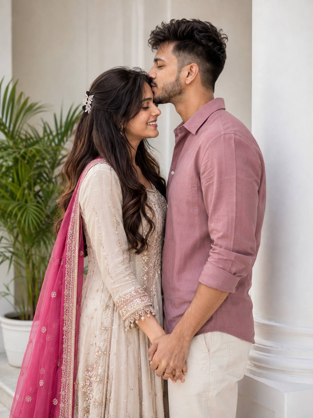 Romantic Couple Portrait – Traditional Wedding Outfit & Forehead Kiss Ai photo Prompt