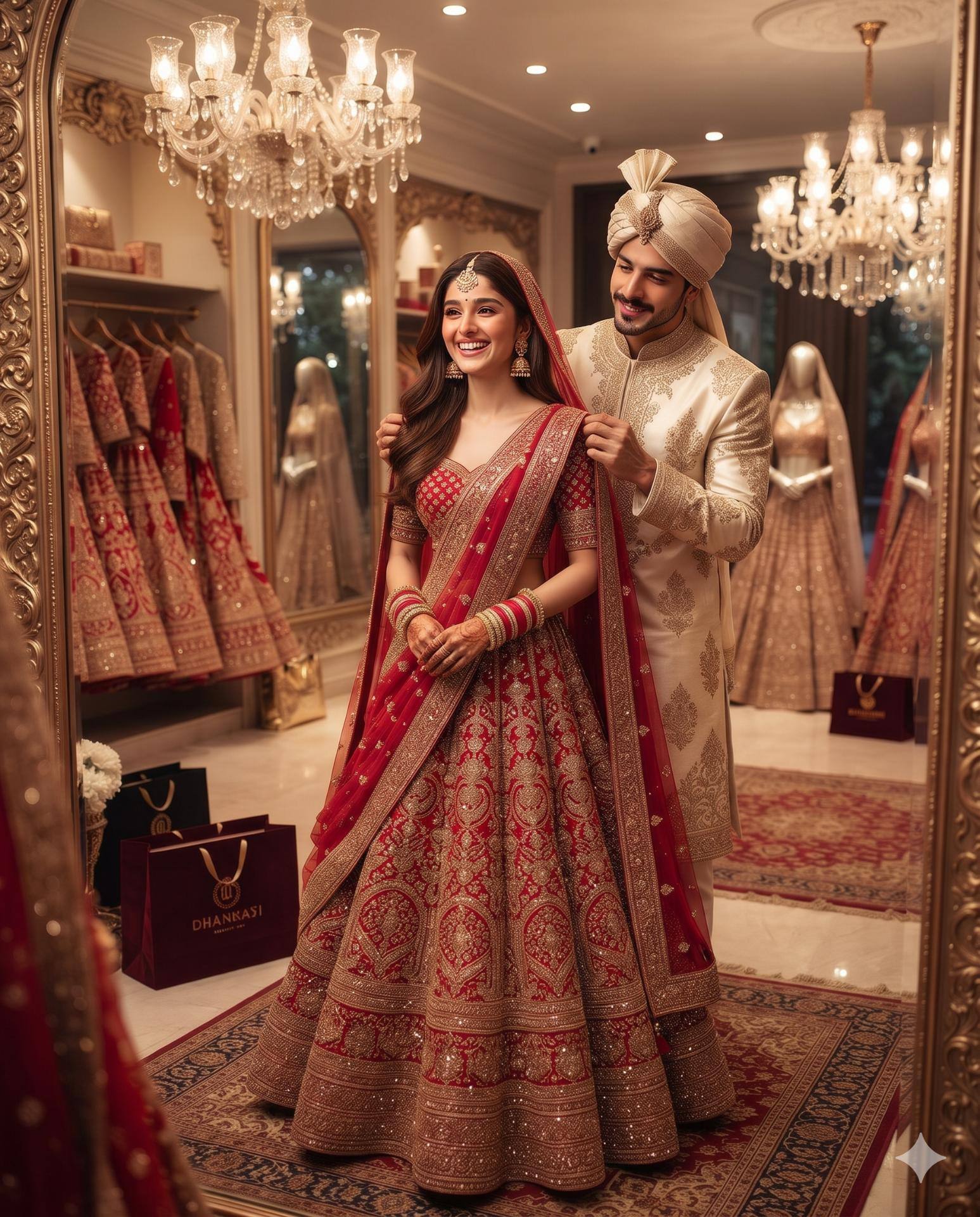 Indian Couple AI Image Prompt Gemini | Red Bridal Lehenga Shopping & Luxury Wedding Boutique Photography