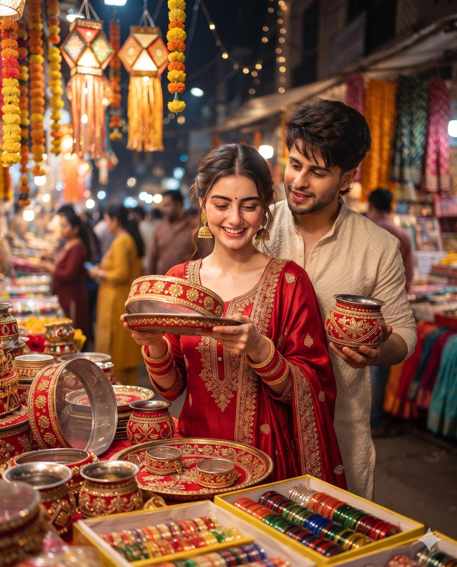 Karwa Chauth Couple AI Image Prompt Gemini | Festive Bazaar Shopping & Traditional Indian Photography