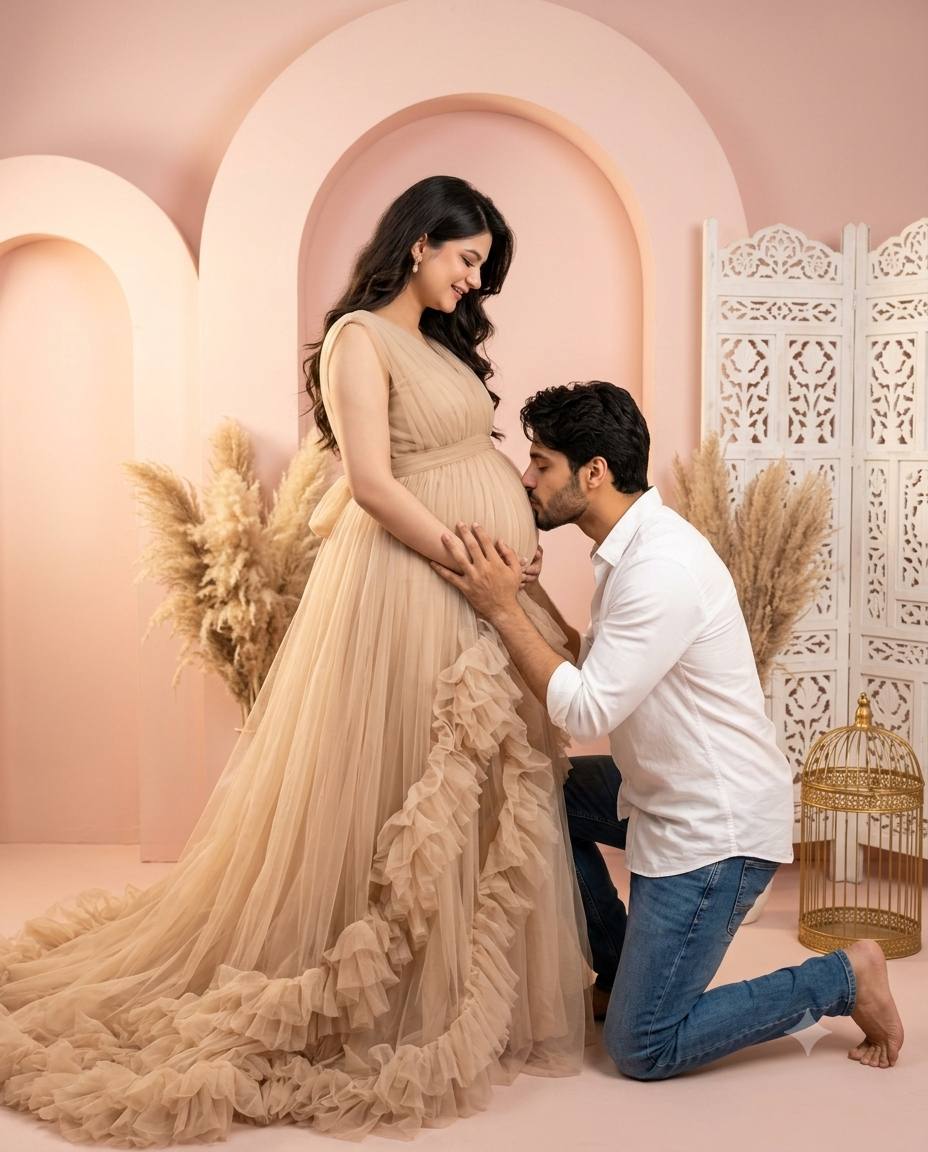 Indian maternity couple AI prompt | Beige tulle gown & baby bump