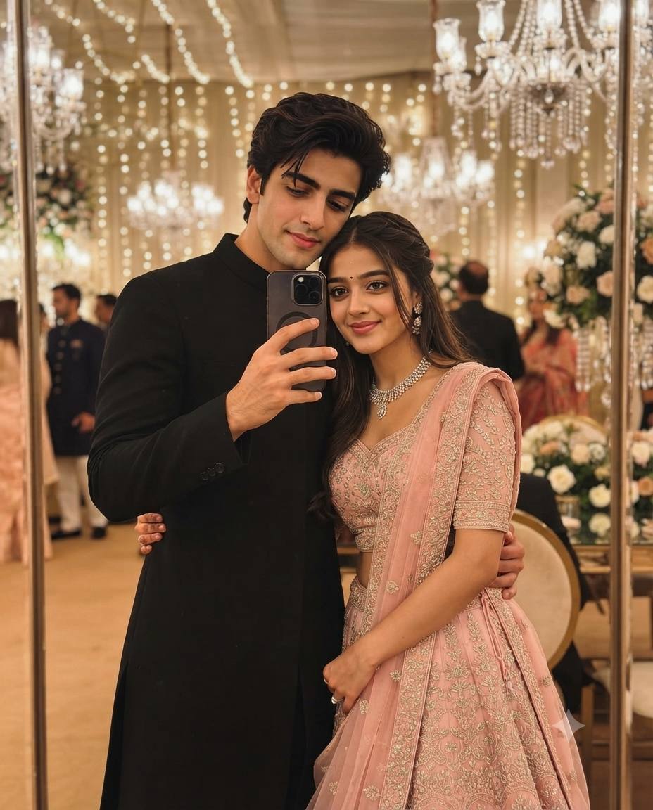 Romantic Indian Wedding Mirror Selfie Couple | Pastel Pink Lehenga AI Image Prompt