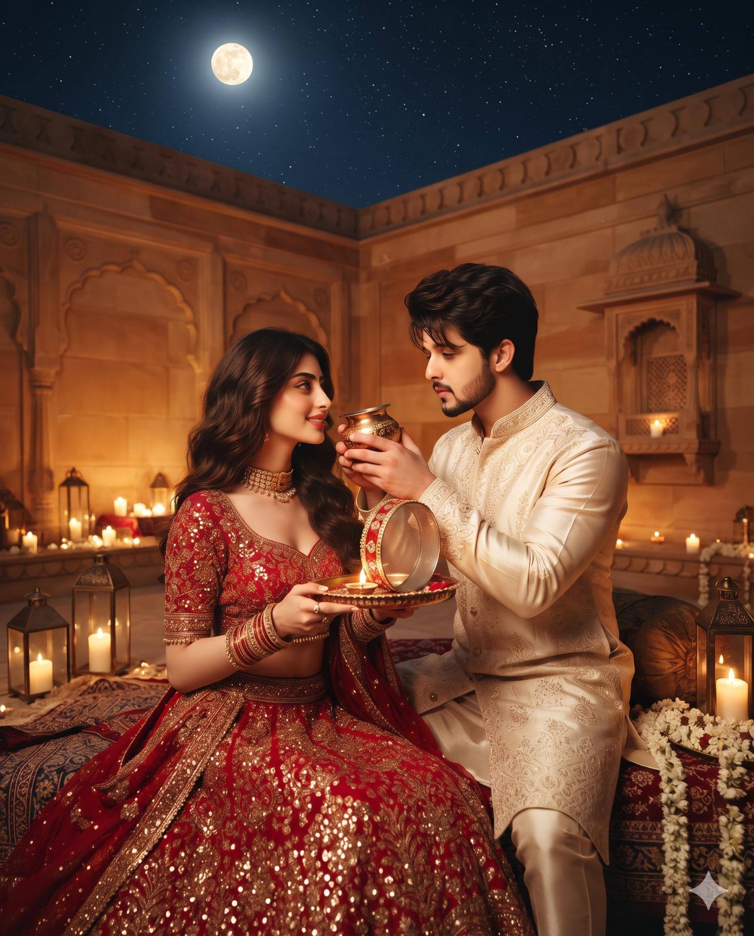 Karwa Chauth Couple AI Image Prompt Gemini | Royal Red Lehenga & Romantic Moon Ritual Photography