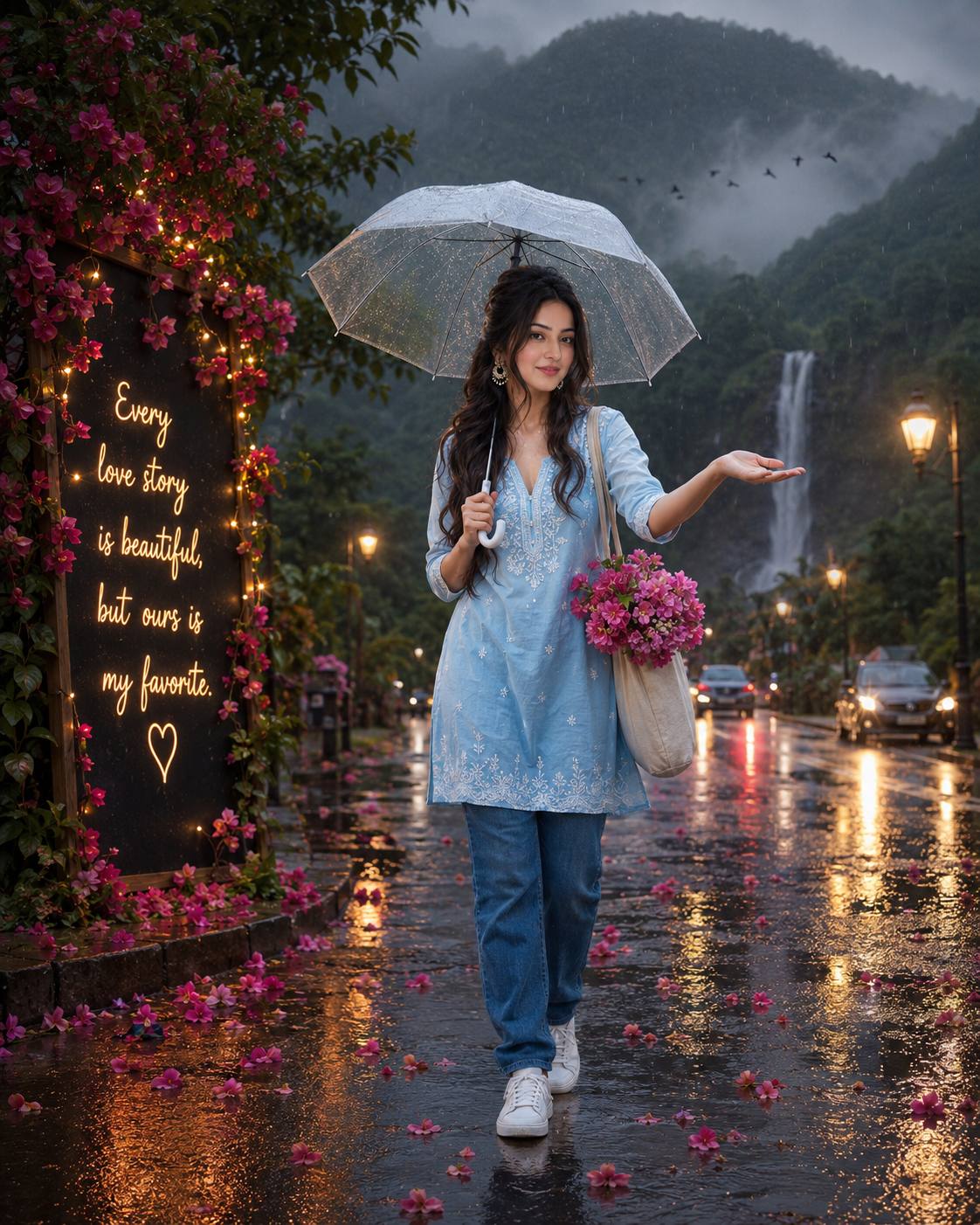 Romantic Monsoon Rain Portrait with Umbrella and Pink Bougainvillea – Ultra-Realistic AI Image Prompt