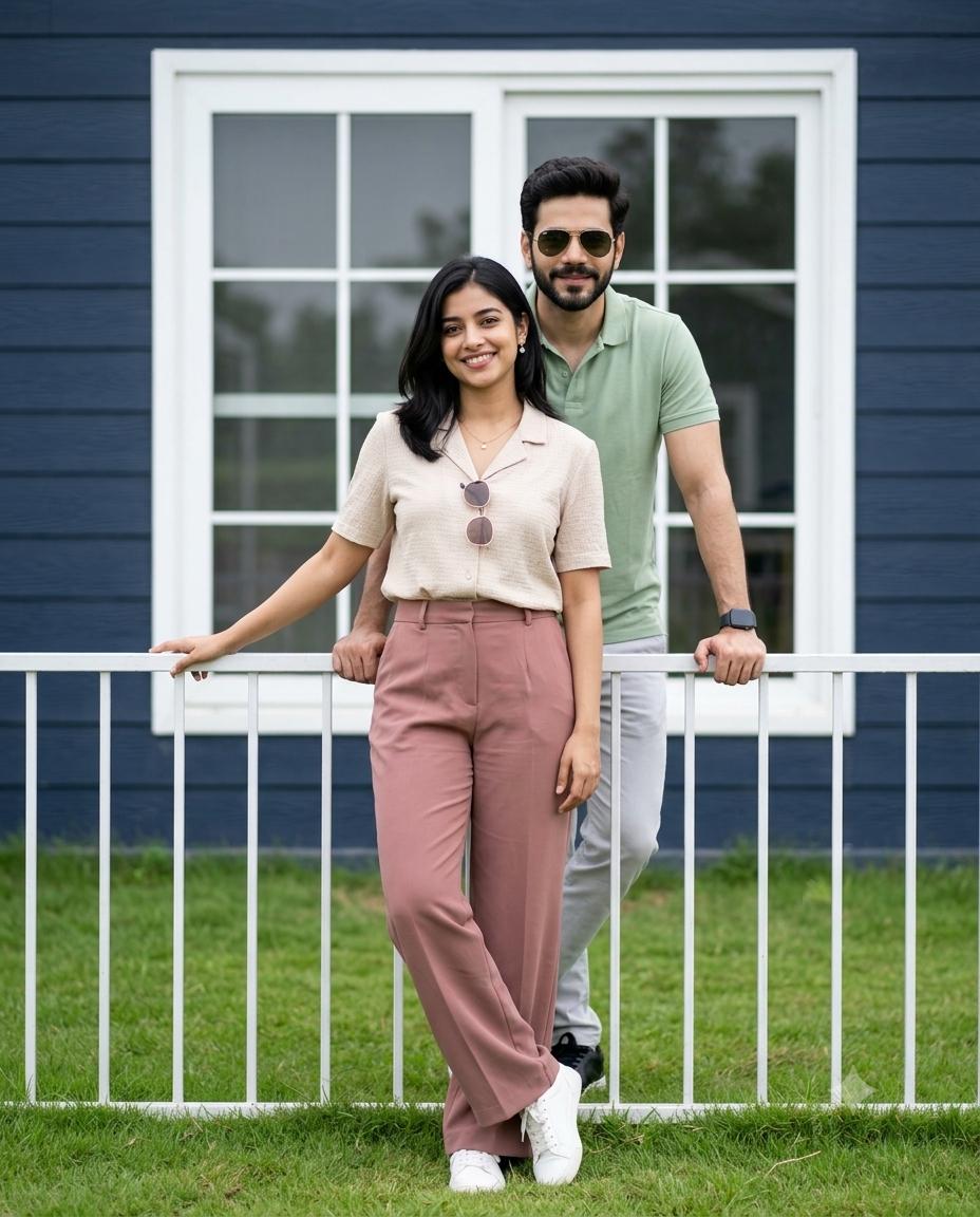 Romantic Outdoor couple portrait AI prompt | Beige-green outfits & editorial style 8K