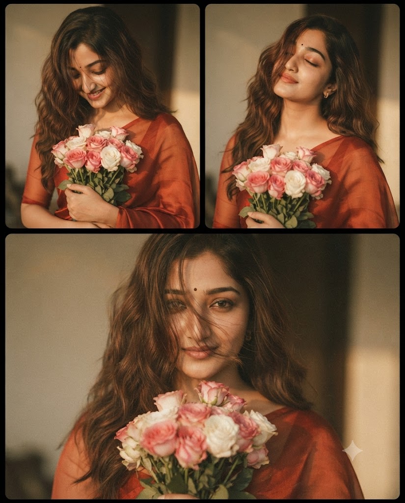 Romantic Red Silk Saree 3-Photo Collage Portrait AI Image Prompt | cinematic 3-photo collage