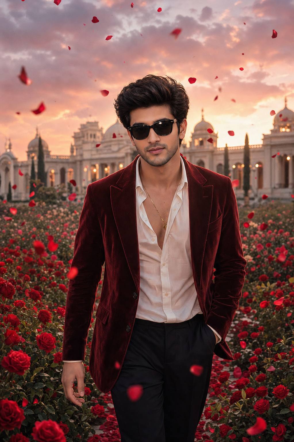 Romantic Royal Garden Portrait of a Stylish Man in Red Velvet Blazer AI Image Prompt