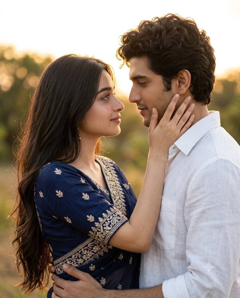Romantic Couple Portrait at Golden Hour in Traditional Saree with white shirt AI prompt