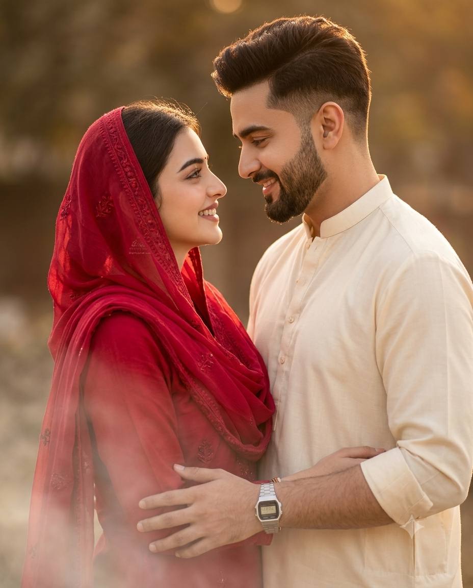 8K cinematic romantic couple portrait AI prompt | Crimson red traditional outfit