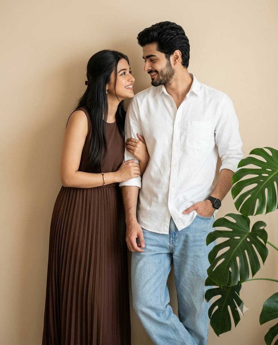 couple portrait AI prompt | Monstera plant and cozy minimalist 8K