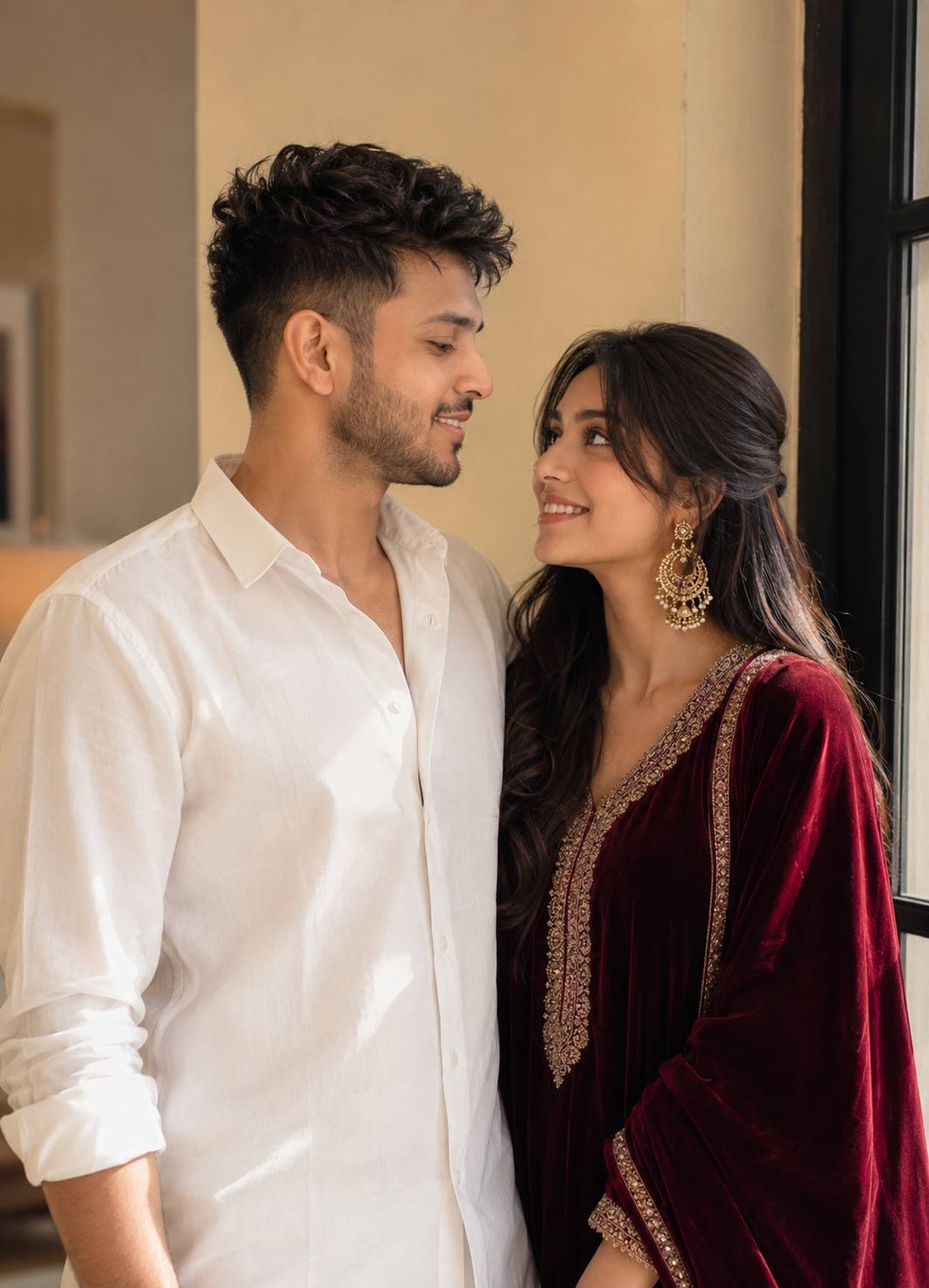 Romantic Couple Portrait with Traditional Maroon Outfit | Ultra-Realistic Love AI Photo Prompt