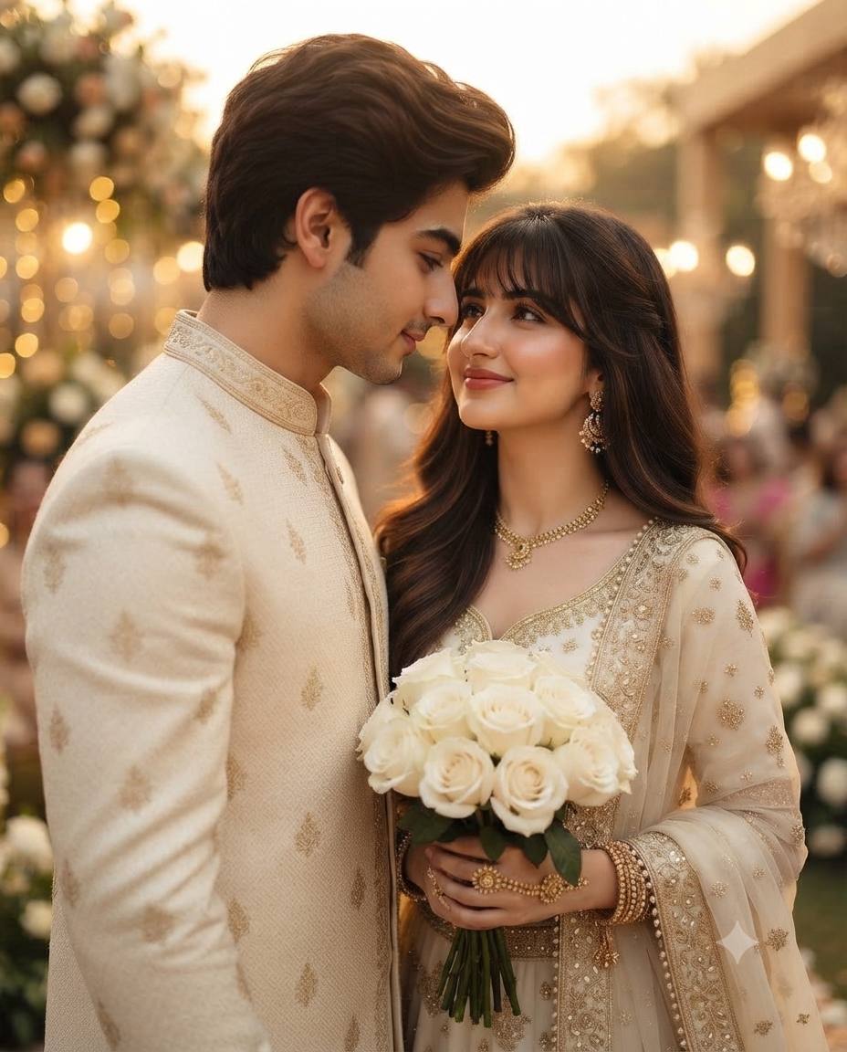South Asian wedding couple portrait AI prompt | Romantic cinematic style