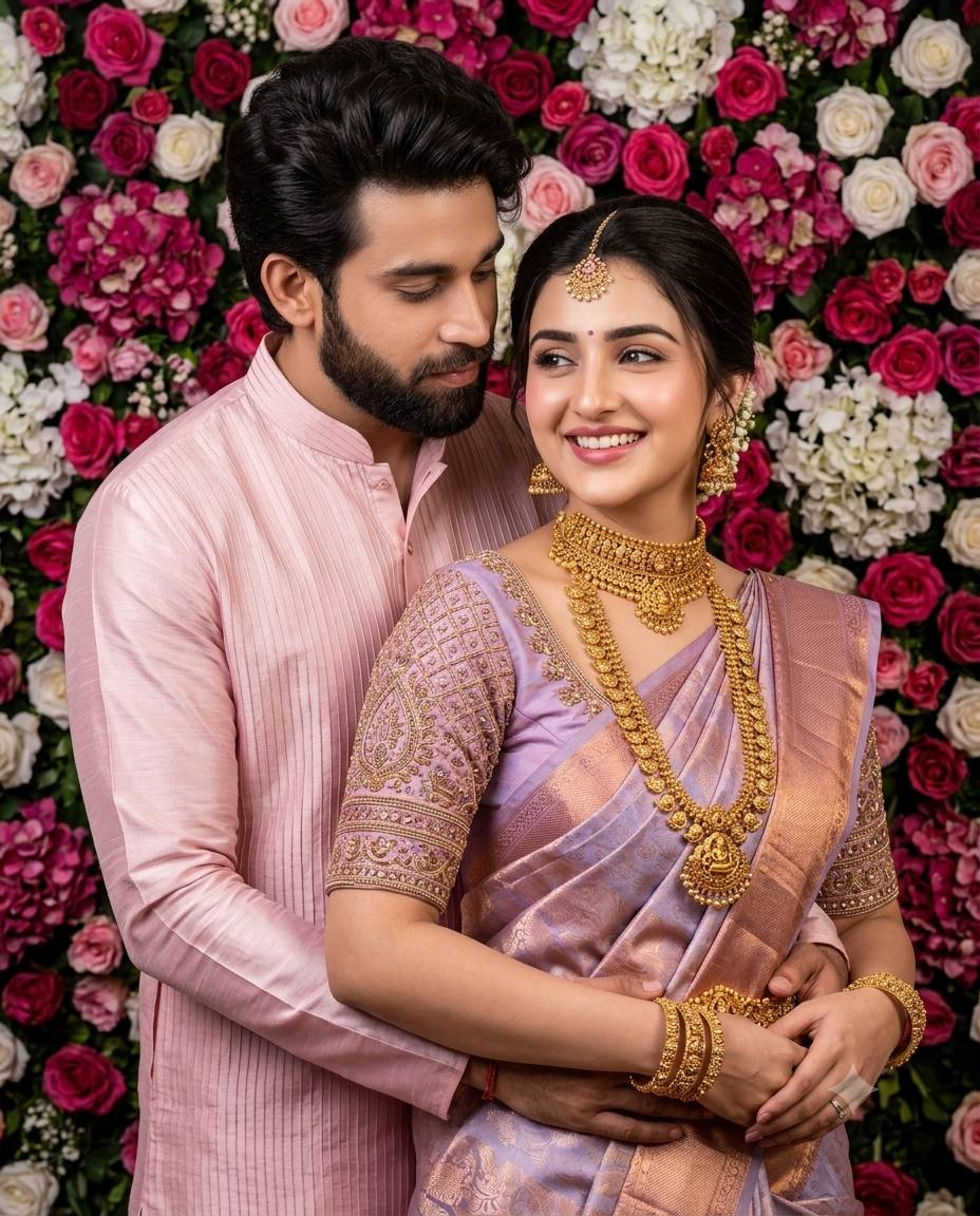 South Indian couple portrait AI prompt | Pastel Kanjivaram saree and gold temple jewelry