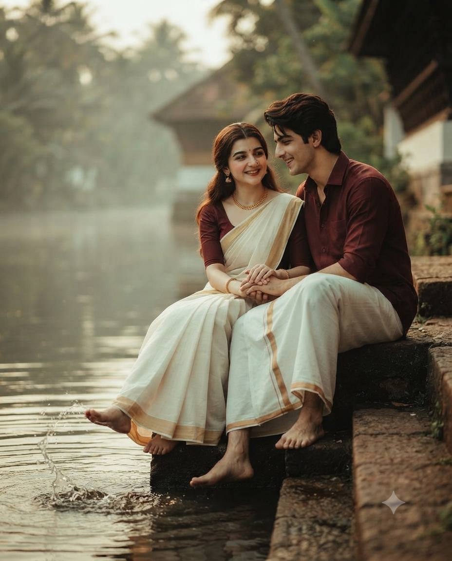 South Indian couple portrait AI prompt | Romantic waterside cinematic style