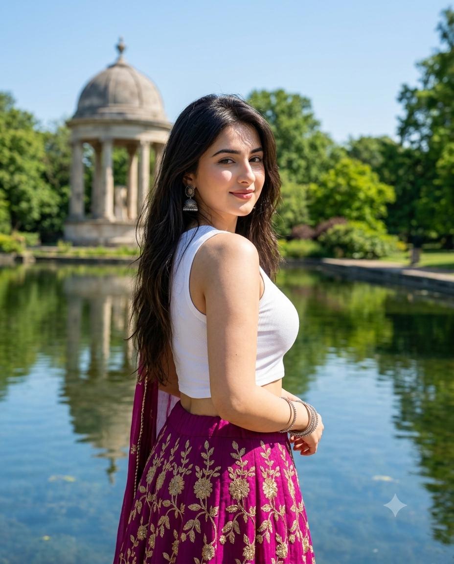 Royal lehenga travel AI prompt | Hot pink lehenga & heritage pond 8K Photography