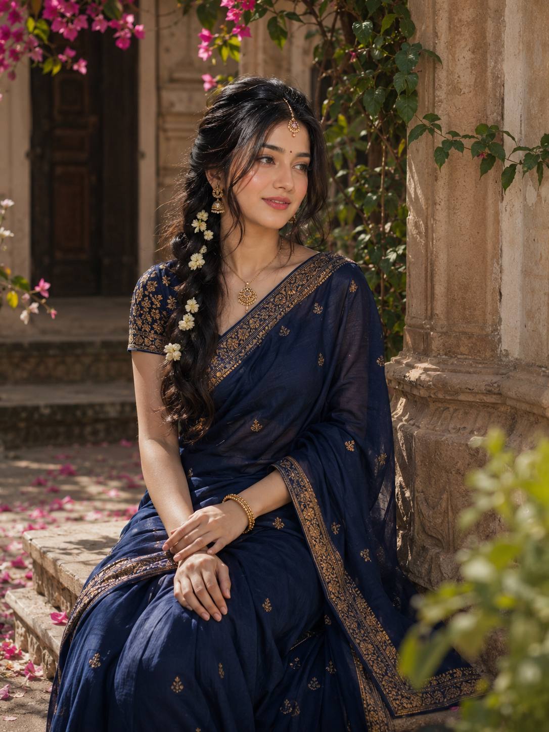 Royal Navy Blue Silk Saree Portrait in an Indian Heritage Courtyard – Ultra-Realistic AI Image Prompt