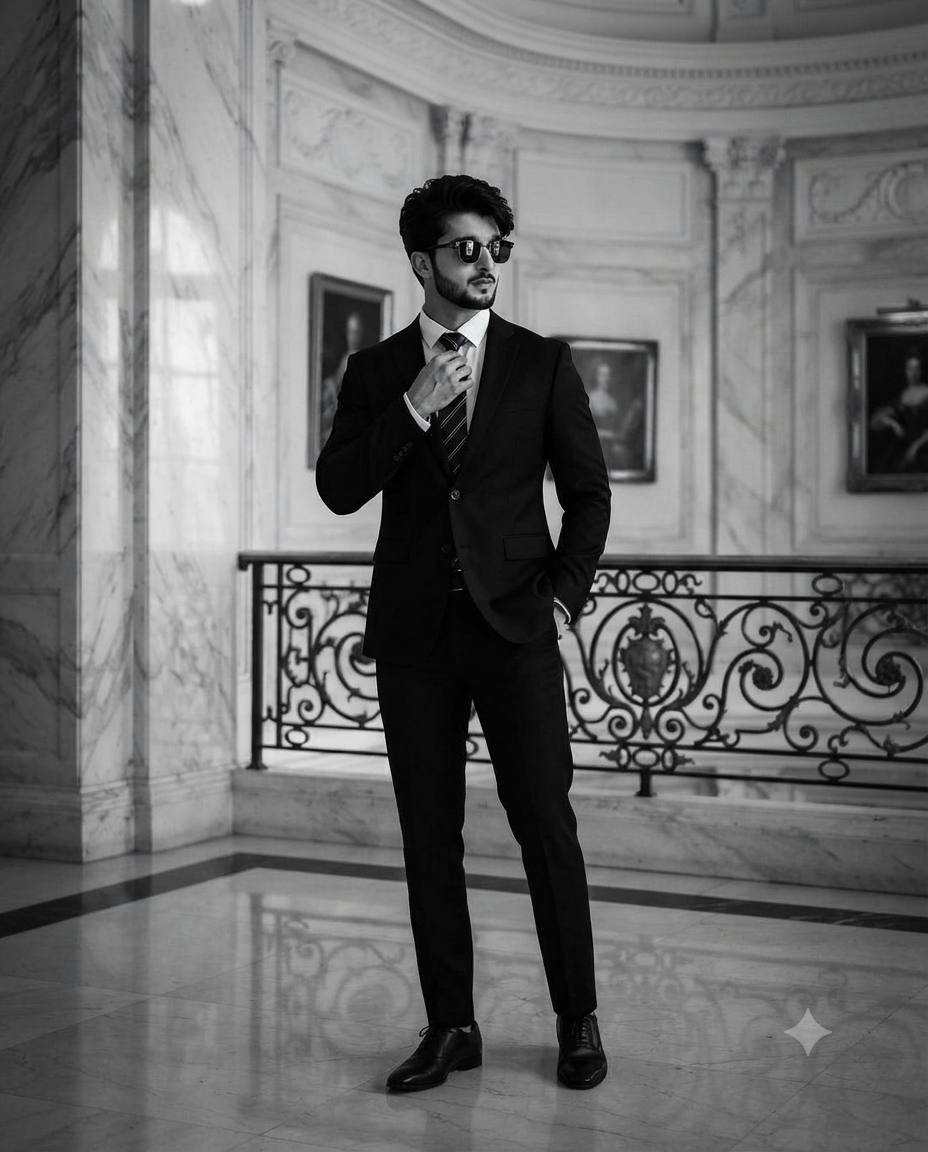 Royal Palace Black Suit Portrait | Luxury Cinematic Black and White AI Image Prompt