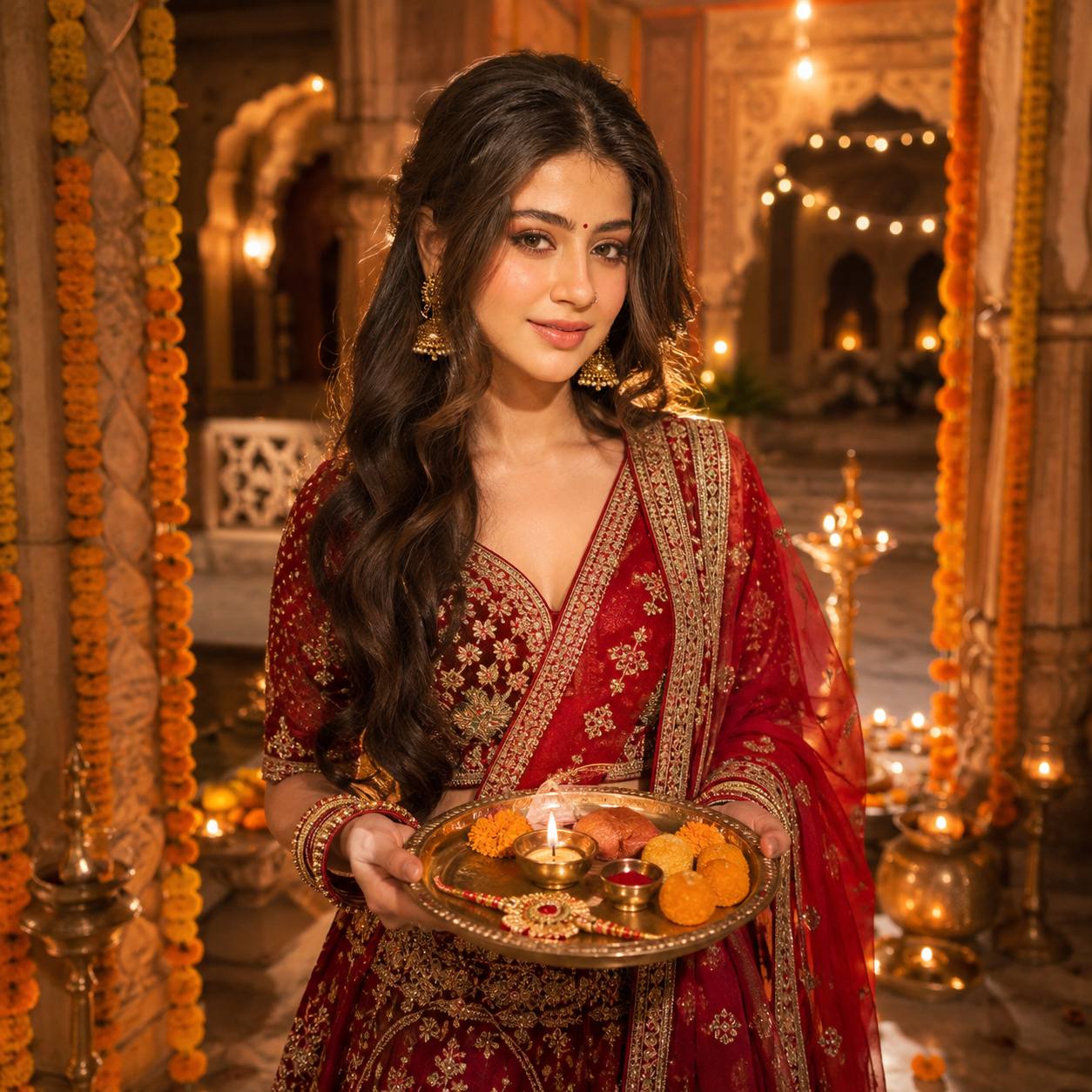 Royal Red Lehenga Raksha Bandhan Portrait with Puja Thali – Ultra-Realistic Indian Festive Fashion