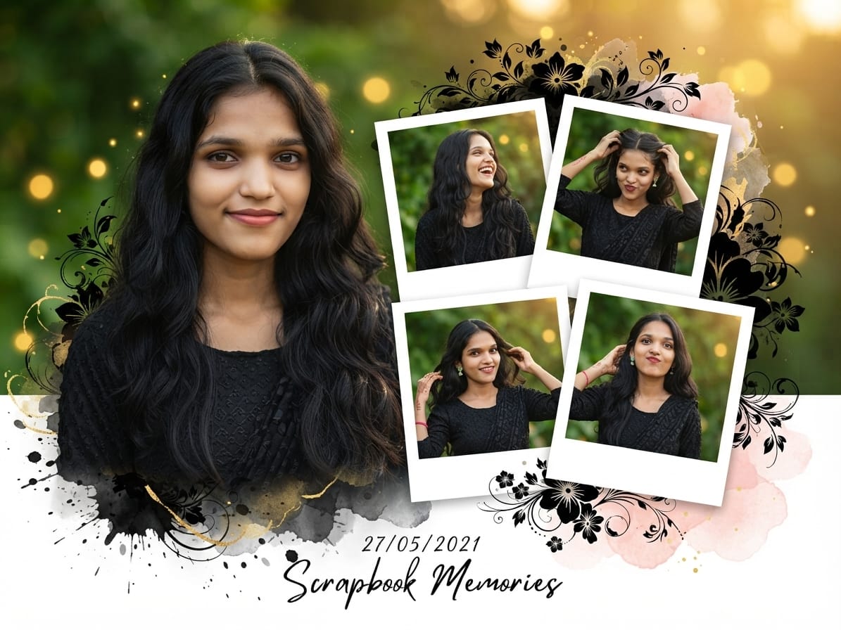 Scrapbook Polaroid Portrait AI Prompt | Cinematic Floral Collage Design