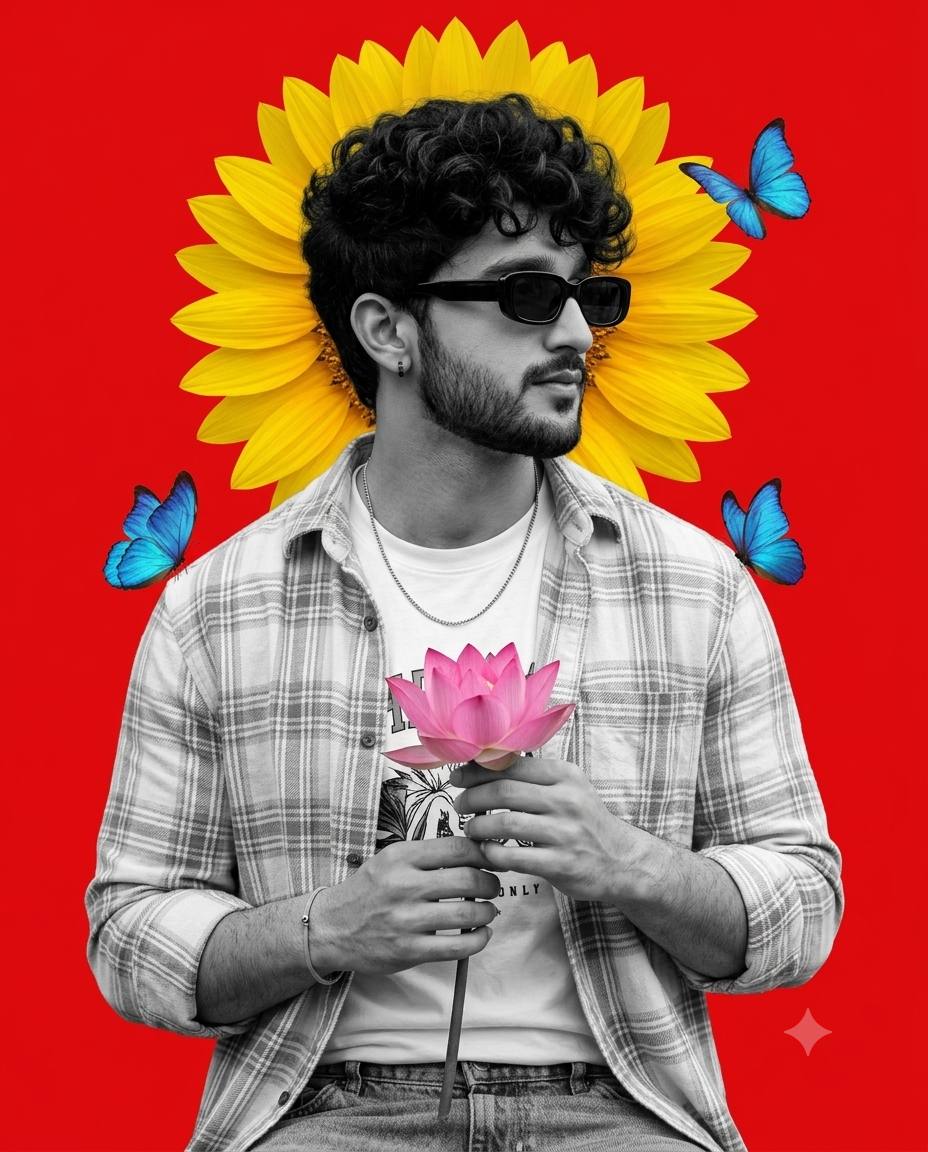 Selective Color Editorial Portrait: Black and White Male Model with Sunflower Halo AI Prompt