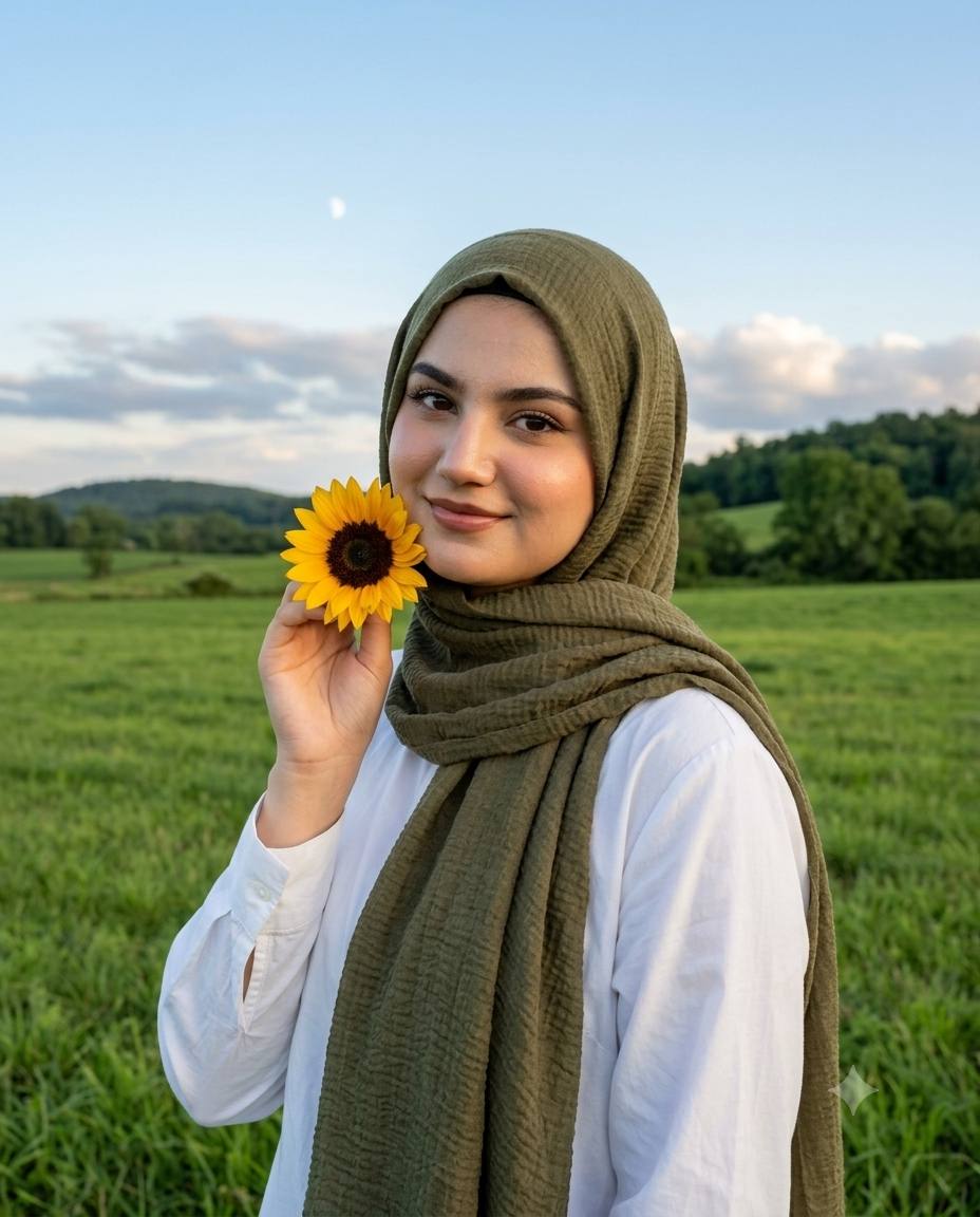 Olive hijab portrait AI prompt | Sunflower, white shirt & moonlit field