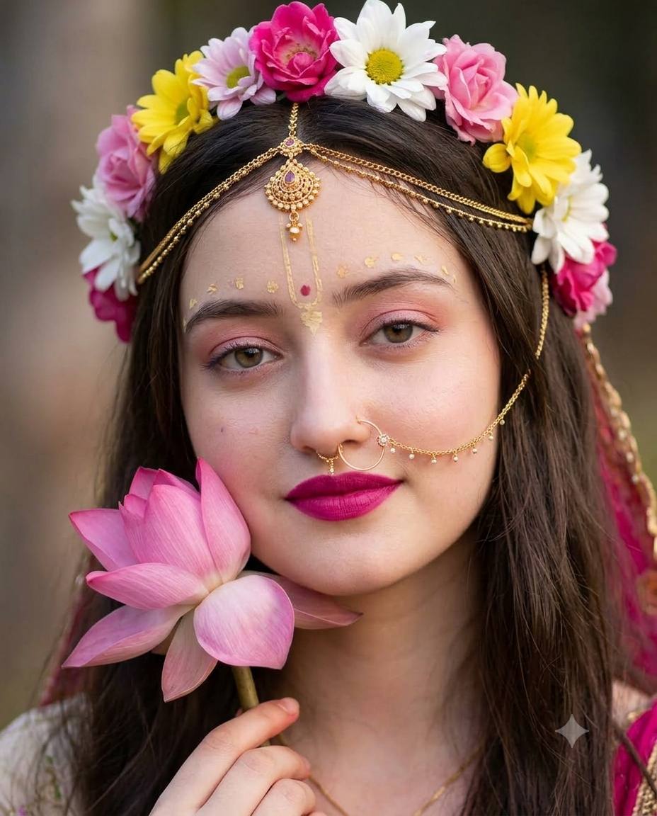 Serene Radha Portrait with Pink Lotus & Floral Crown - Ultra-Realistic AI Image Prompt