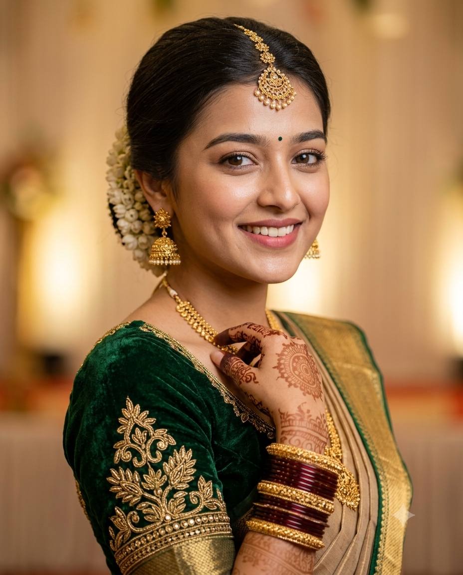 side-angle-indian-woman-warm-smile-bindi-gold-jewelry-mehendi-gajra-wedding | AI Image prompt