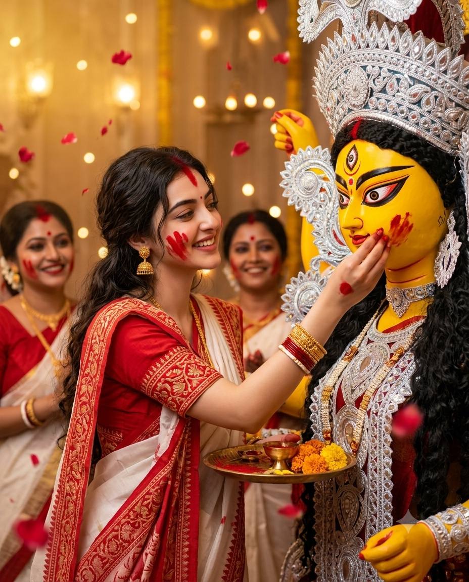Sindoor Khela portrait AI prompt | Bengali woman, white-red saree & Goddess Durga