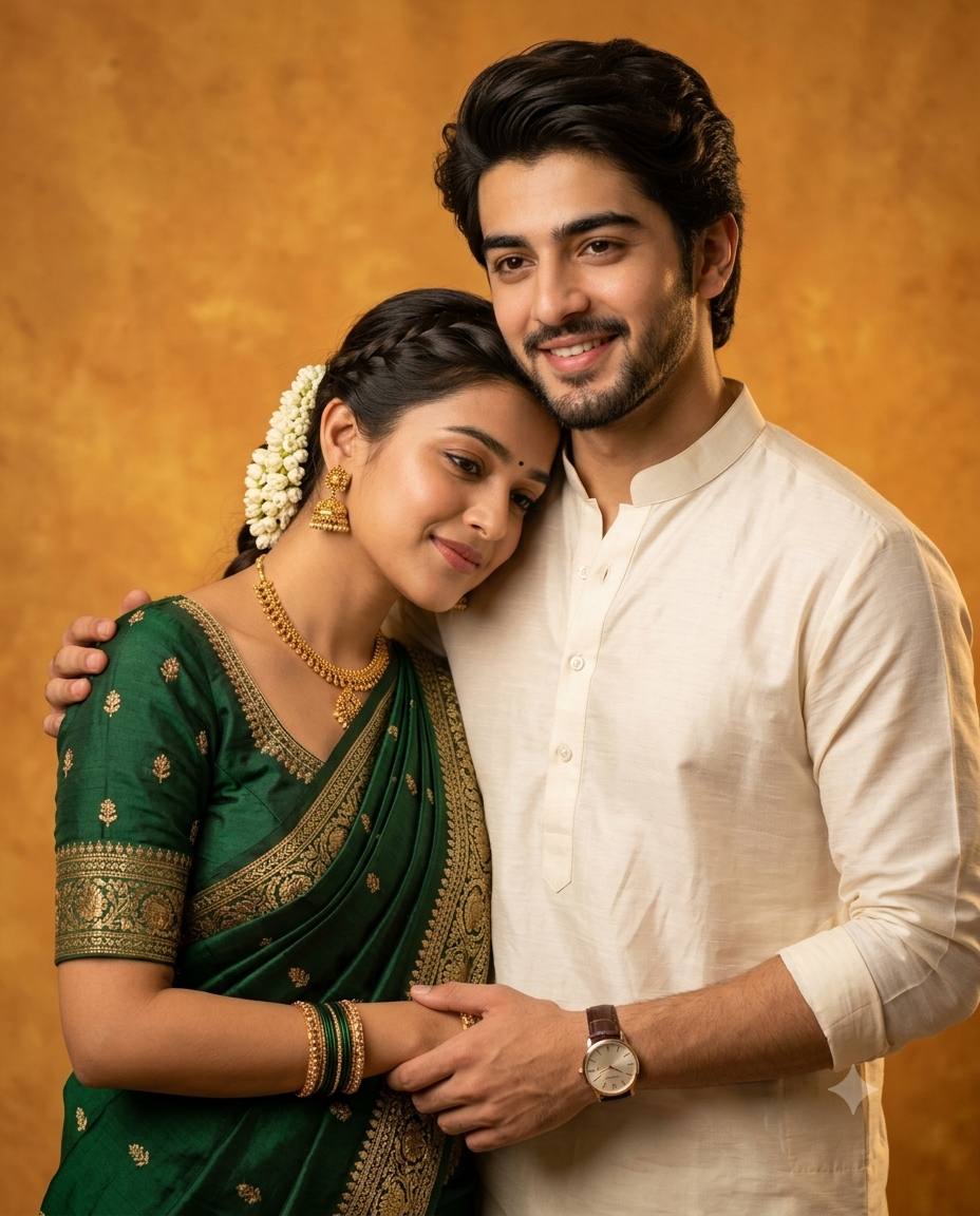 South Asian Couple Portrait Prompt | Ultra-Realistic Traditional Green Saree & Kurta Photography