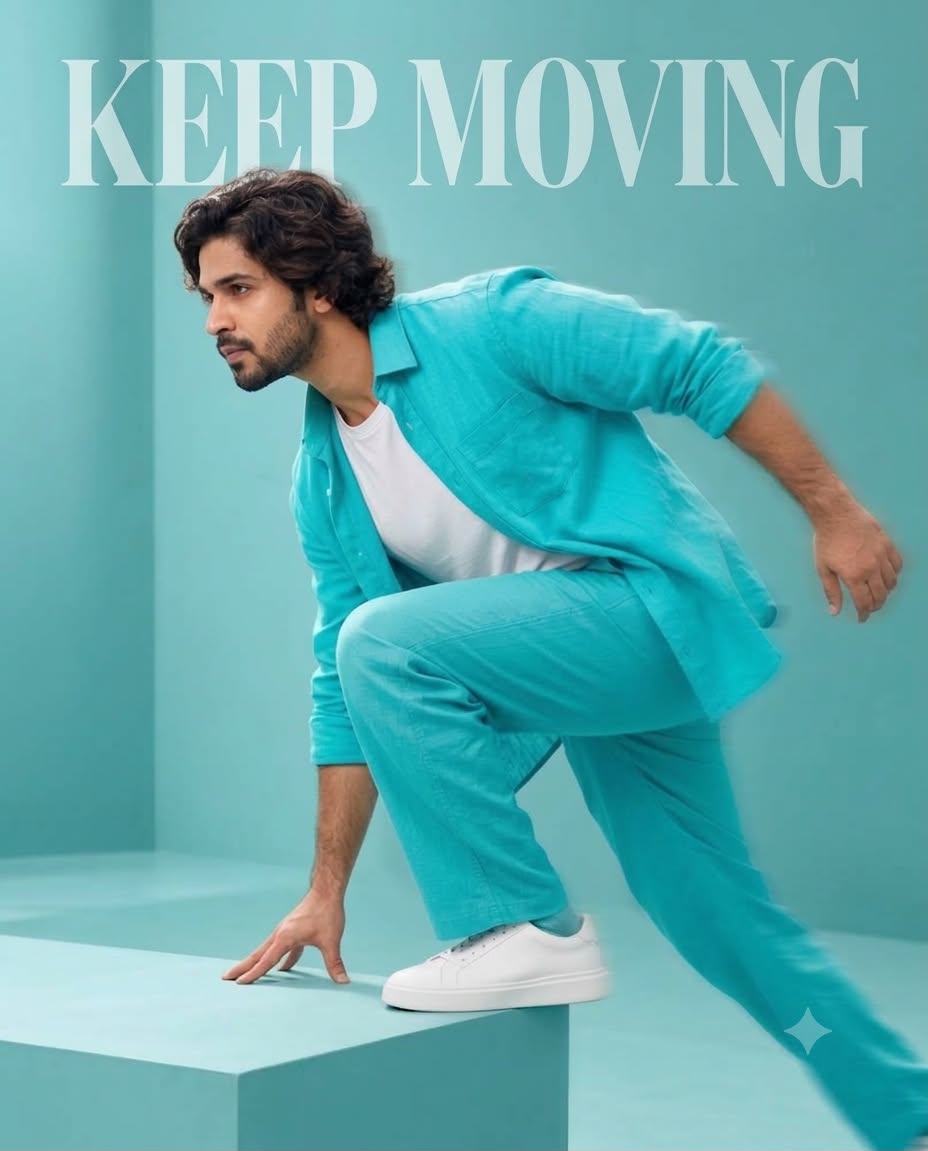 South Asian Man Turquoise Fashion Editorial AI Prompt Keep Moving 4:5