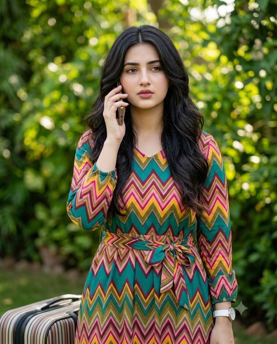 South Asian woman garden portrait AI prompt | Chevron dress and lush green bokeh