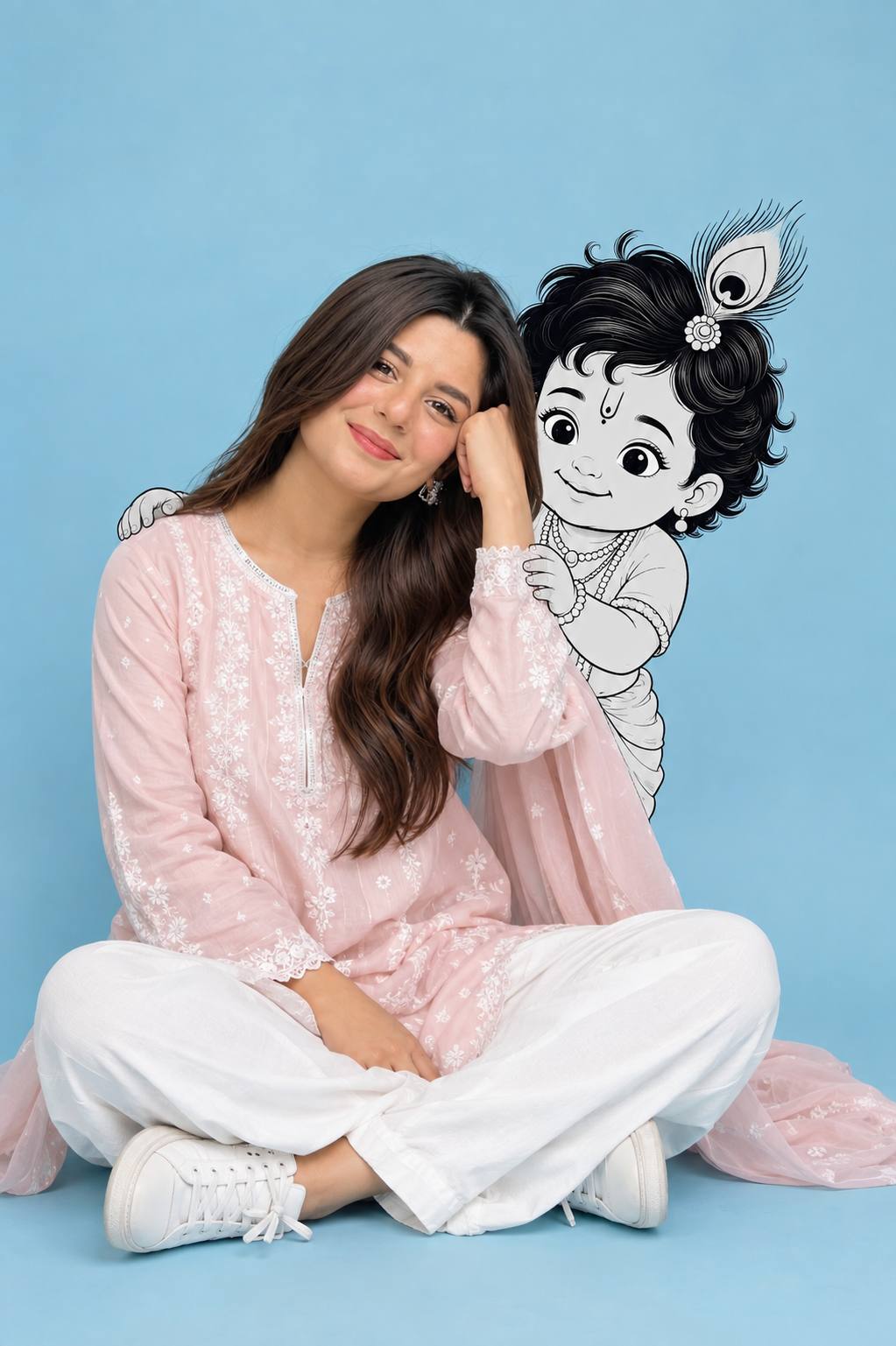 South Asian Woman in Pink Kurti with Little Krishna Cartoon – 4:5 AI Image Prompt