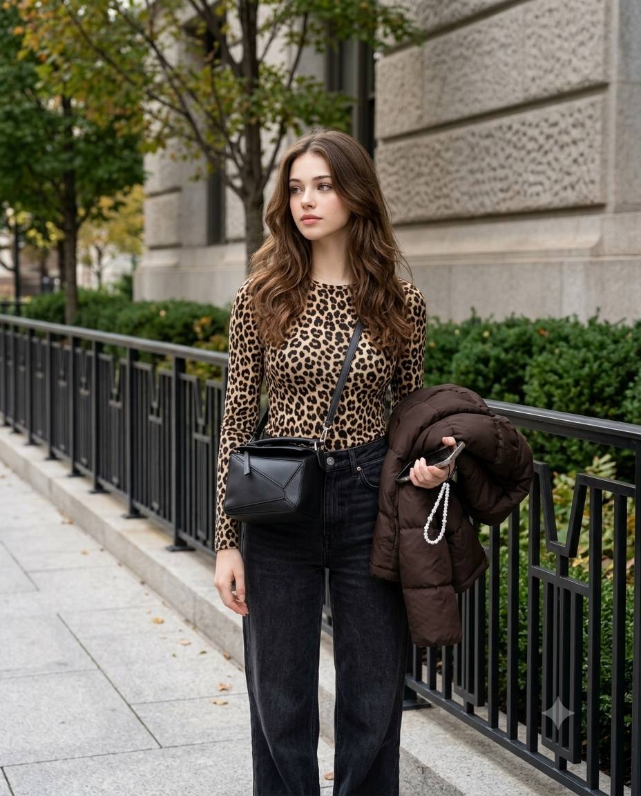 South Asian Woman Leopard Print Top Urban Lifestyle Portrait AI prompt