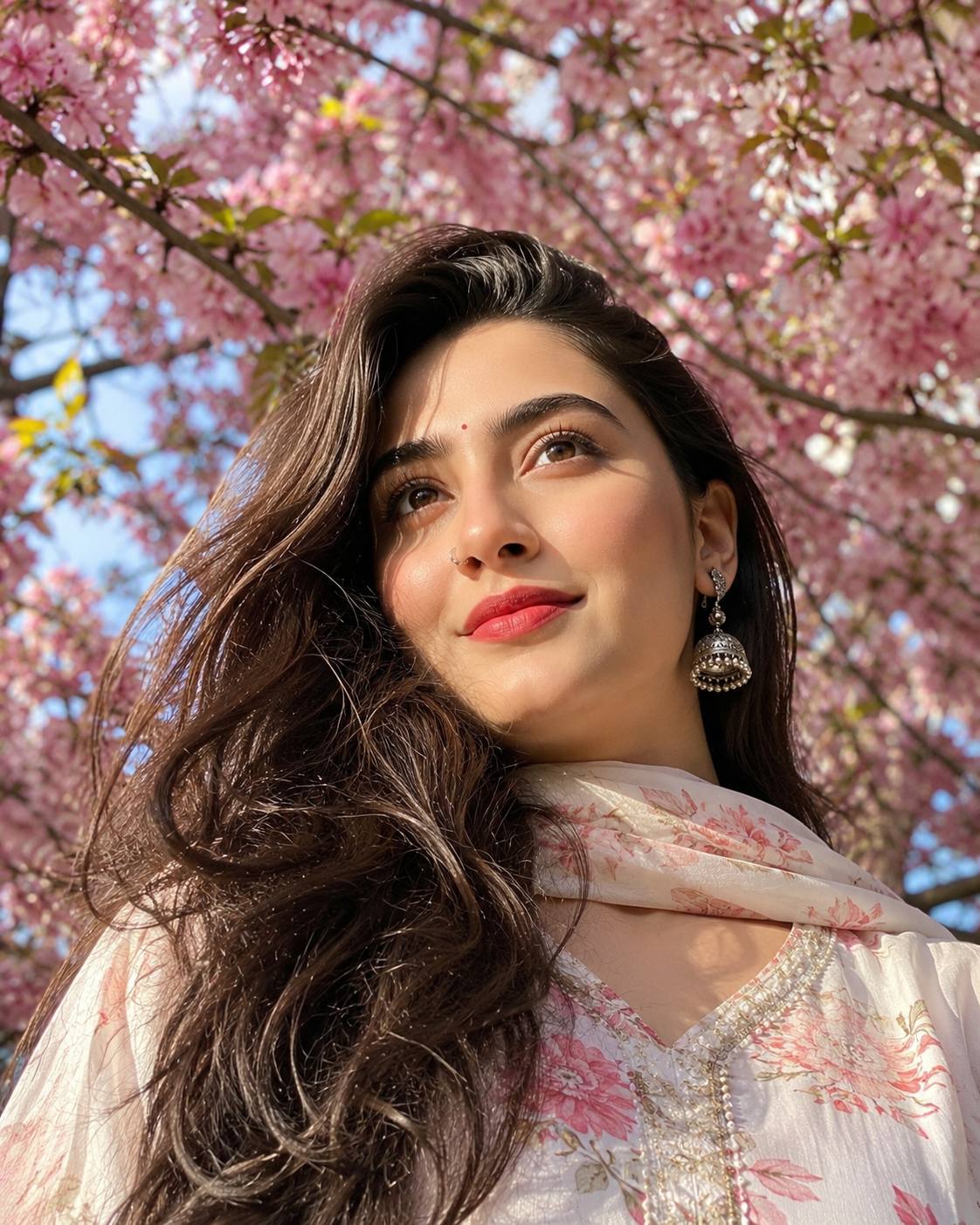 South Asian Woman Under Pink Cherry Blossoms in White Floral Salwar Suit – Cinematic AI Image Prompt