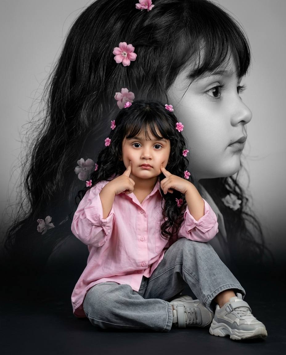 Baby girl double exposure AI prompt | Pastel pink shirt & monochrome profile